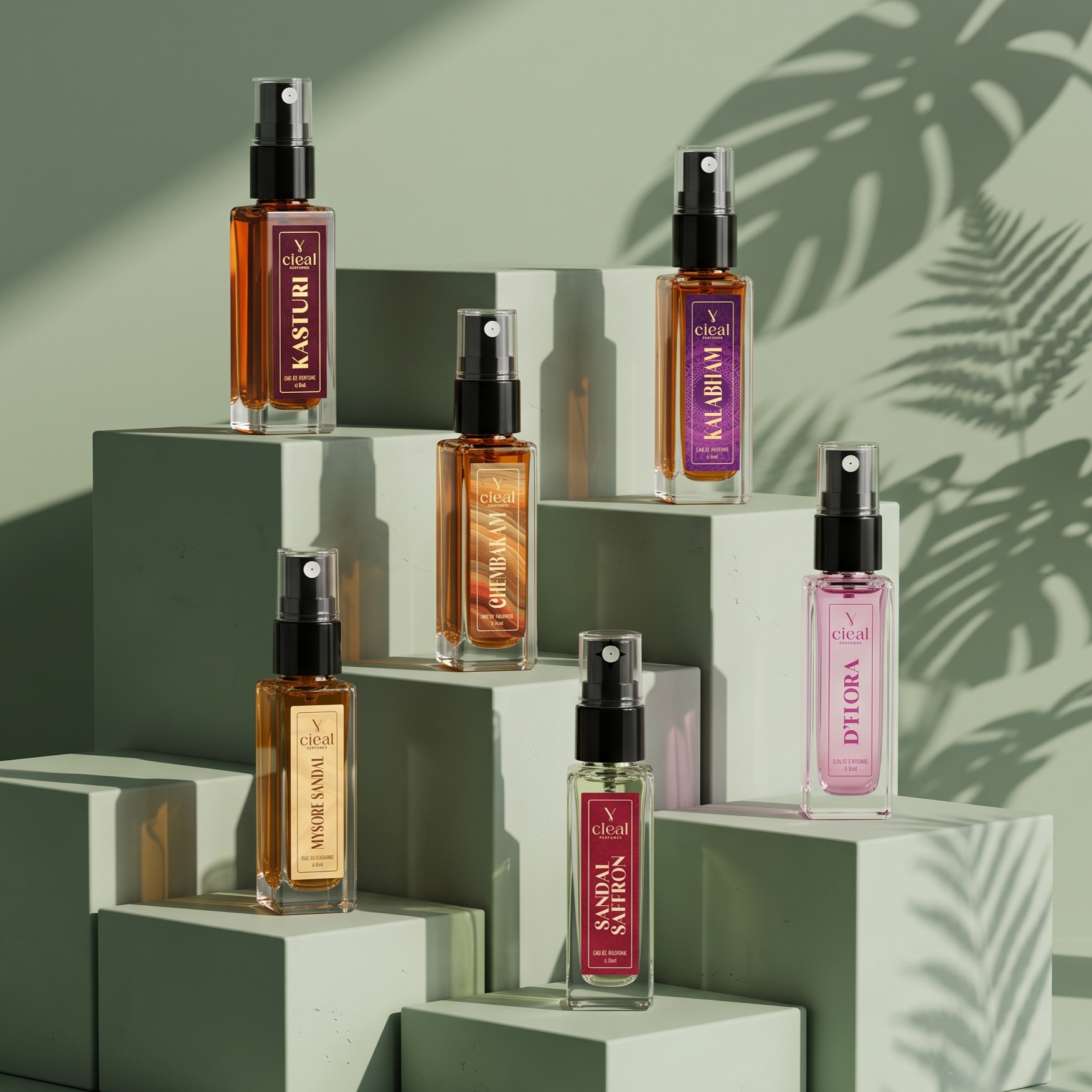 CIEAL Perfume Spray Gift Set of 6 – Master Collection – Chembakam, Mysore Sandal, Sandal Saffron, D' Flora, Kalabham & Kasturi – 8ml Each