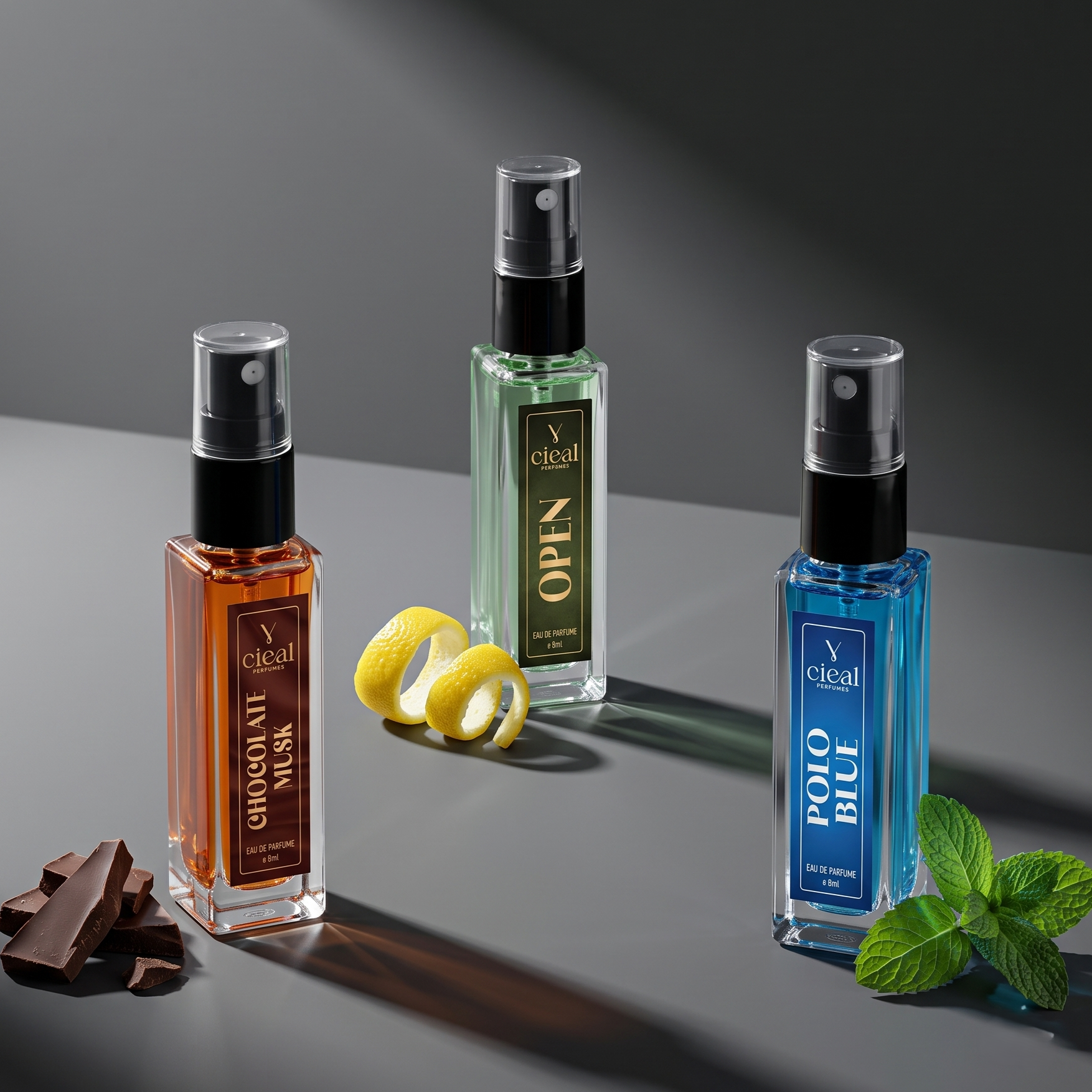 CIEAL Perfume Spray Gift Set of 3 – Chocolate Musk, Open & Polo Blue – 8ml Each