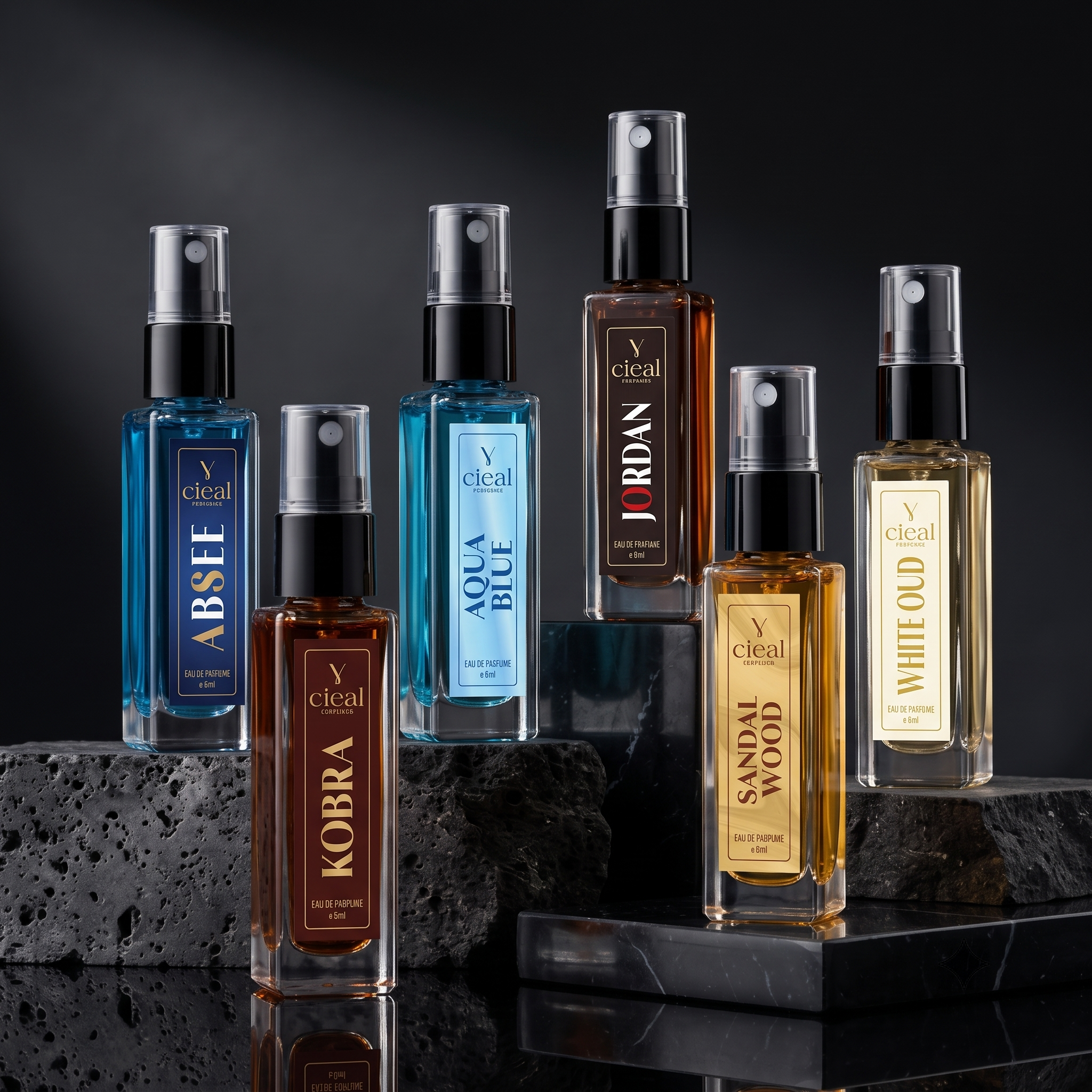 CIEAL Perfume Spray Gift Set of 6 – Aqua Blue, Kobra, Absee, White Oud, Jordan &Sandalwood – 8ml Each