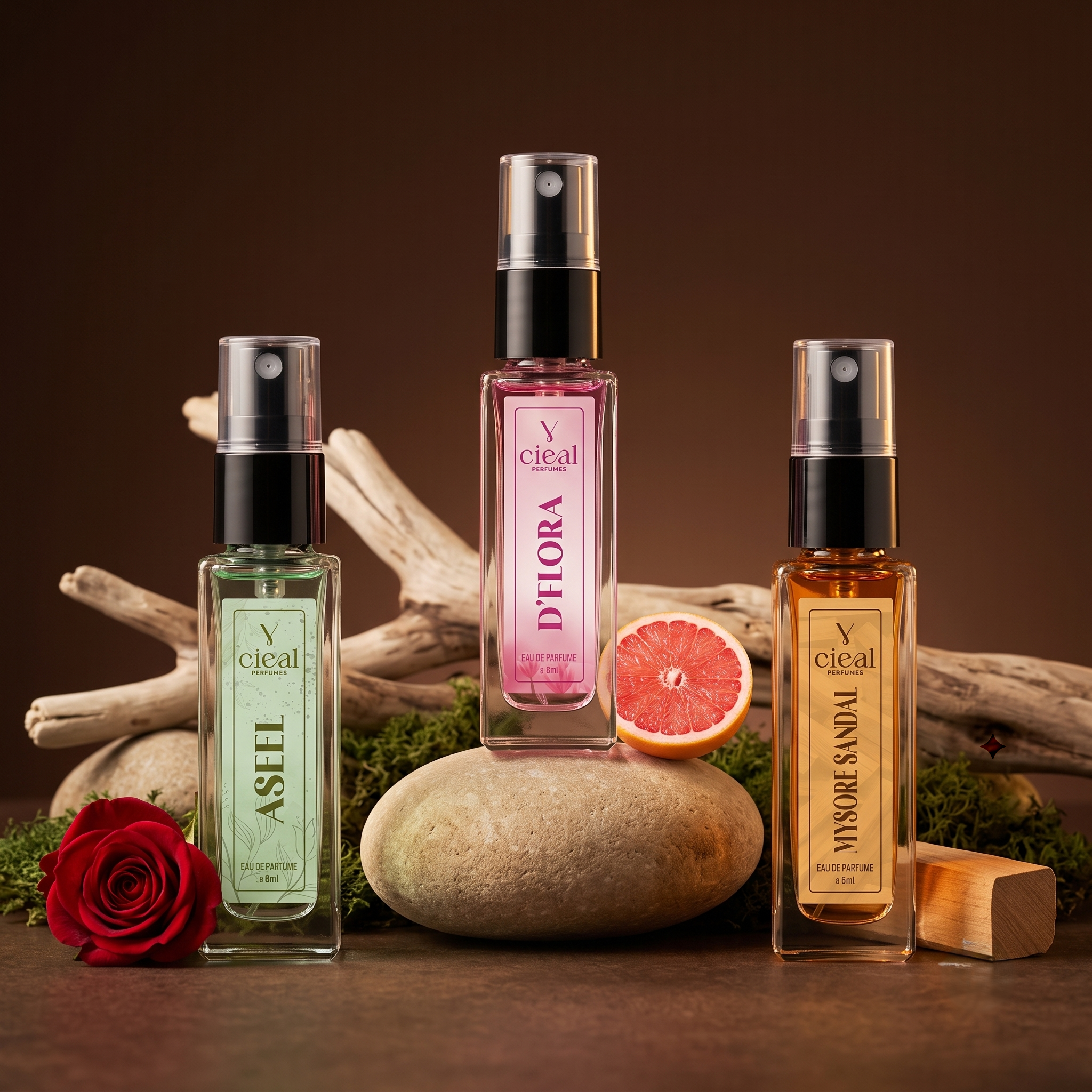 CIEAL Perfume Spray Gift Set of 3 – Aseel, Mysore Sandal & D' Flora – 8 ml each