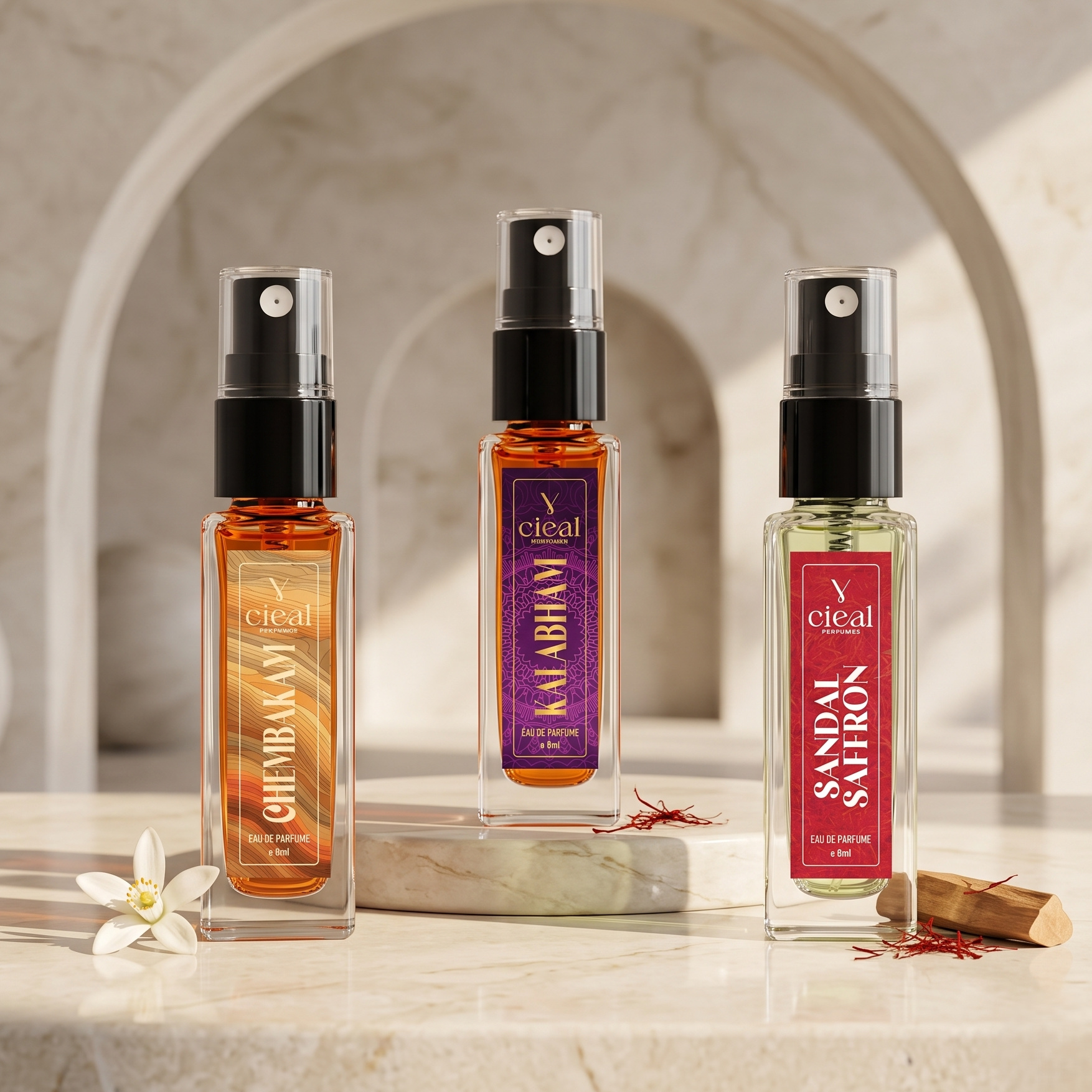 CIEAL Perfume Spray Gift Set of 3 – Sandal Saffron, Chembakam & Kalabham – 8 ml each.