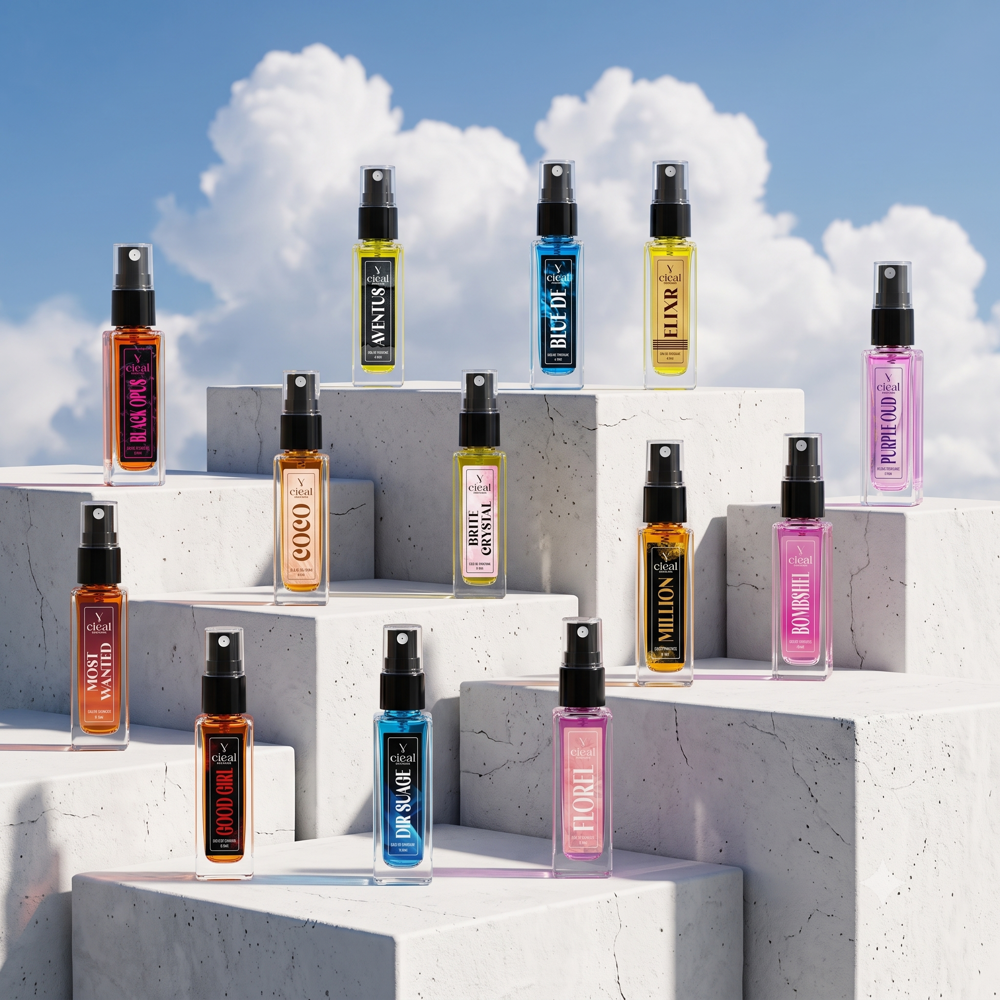 CIEAL Perfume Spray Gift Set of 12 – BRITE CRYSTAL, BOMBSHELL, MILLION, COCO, DIR SUAGE, ELIXIR, FLORAL, GOOD GIRL, MOST WANTED, PURPLE OUD, AVENTUS & BLACK OPUS – 8 ml each
