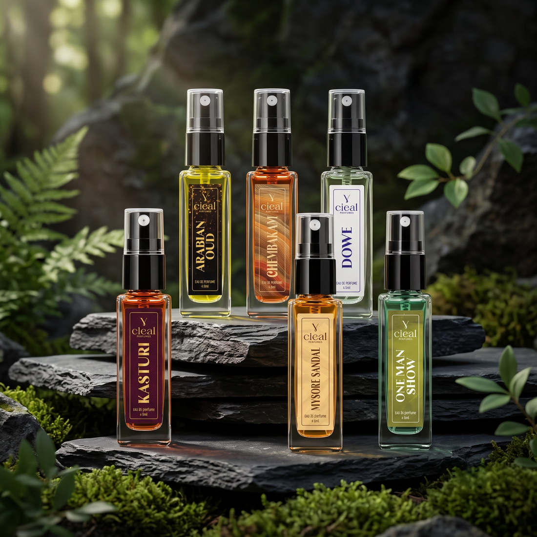 CIEAL Perfume Spray Gift Set of 6 – Master Collection – Kasturi, Chembakam, One Man Show, Dowe, Arabian Oud & Mysore Sandal – 8 ml each