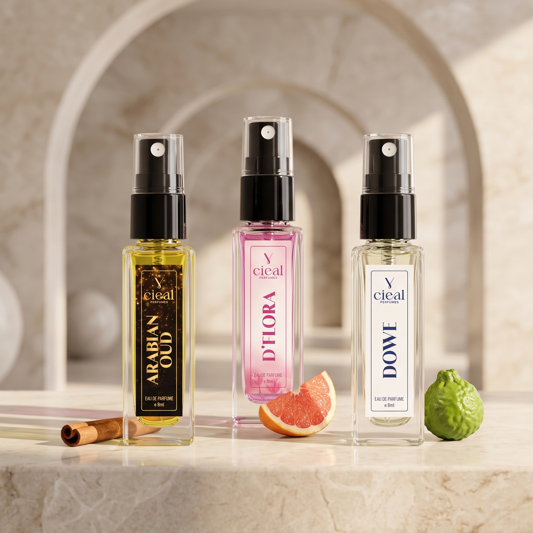 CIEAL Perfume Spray Gift Set of 3 – D' Flora, Arabian Oud & Dowe – 8ml Each