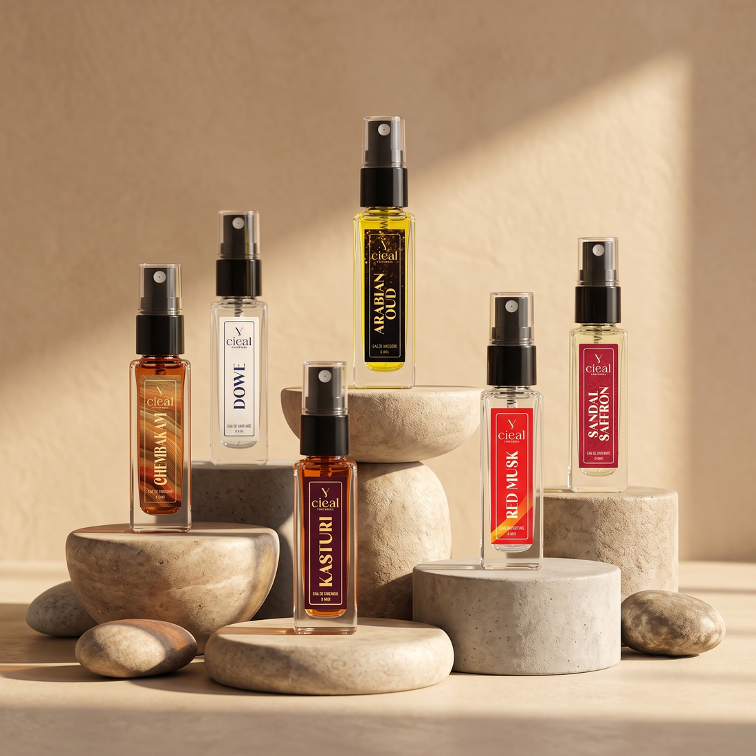CIEAL Perfume Spray Gift Set of 6 – Master Collection – Sandal Saffron, Chembakam, Arabian Oud, Dowe, Red Musk & Kasturi – 8 ml each