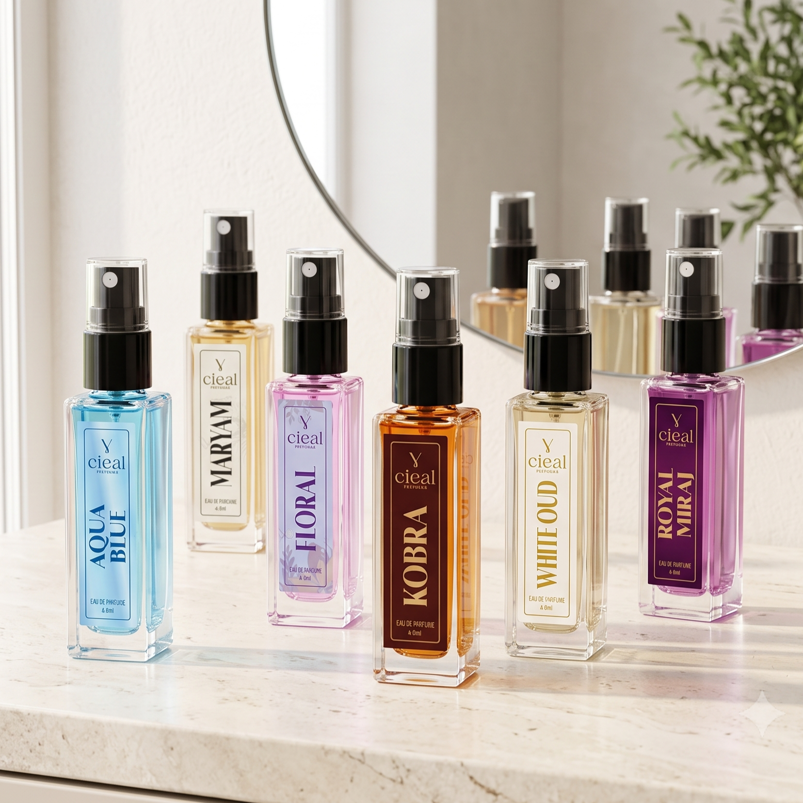 CIEAL Perfume Spray Gift Set of 6 – Aqua Blue, Royal Miraj, Maryam, White Oud, Floral & Kobra – 8ml Each