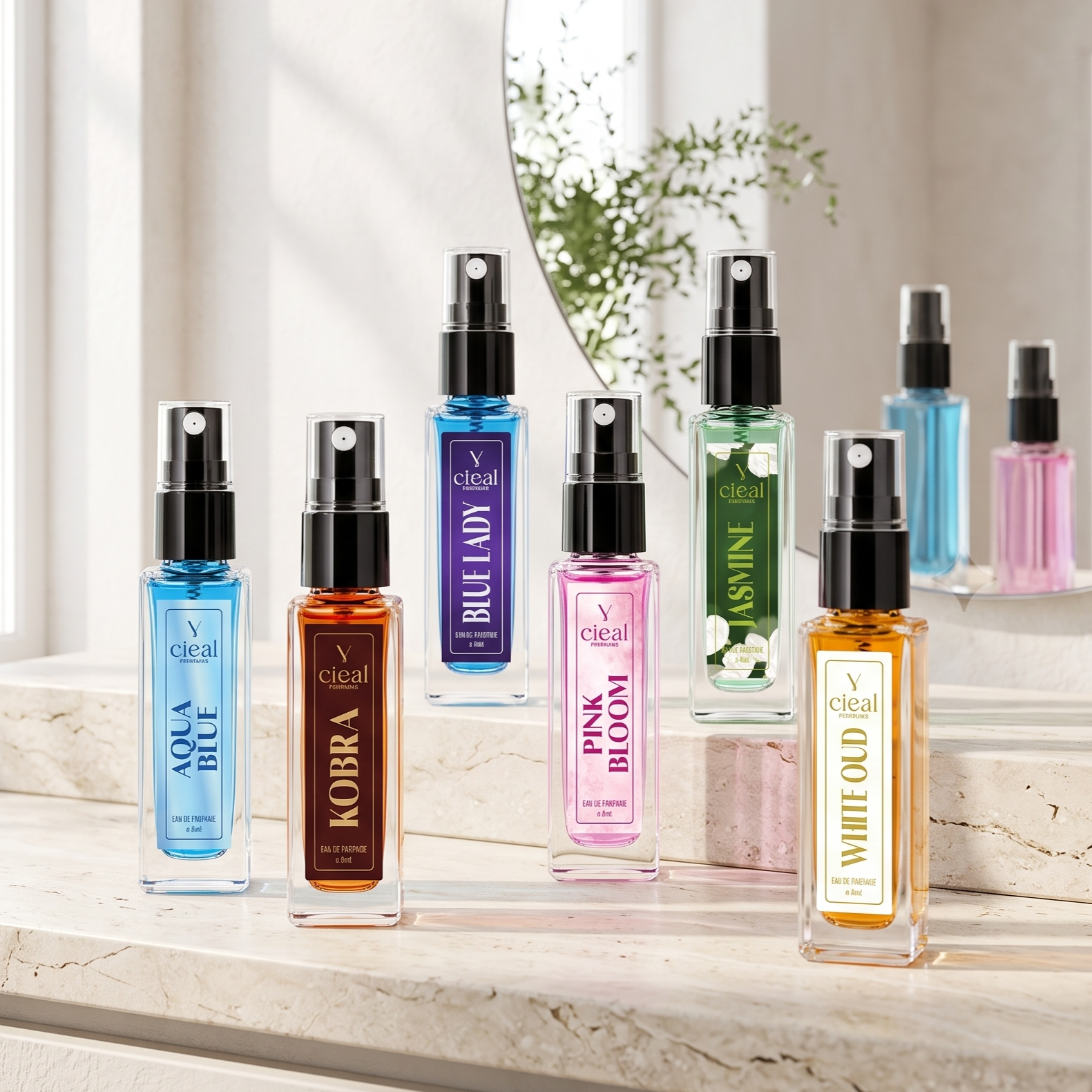 CIEAL Perfume Spray Gift Set of 6 – Aqua Blue, Jasmine, Pink Bloom, Kobra, White Oud & Blue Lady – 8ml Each
