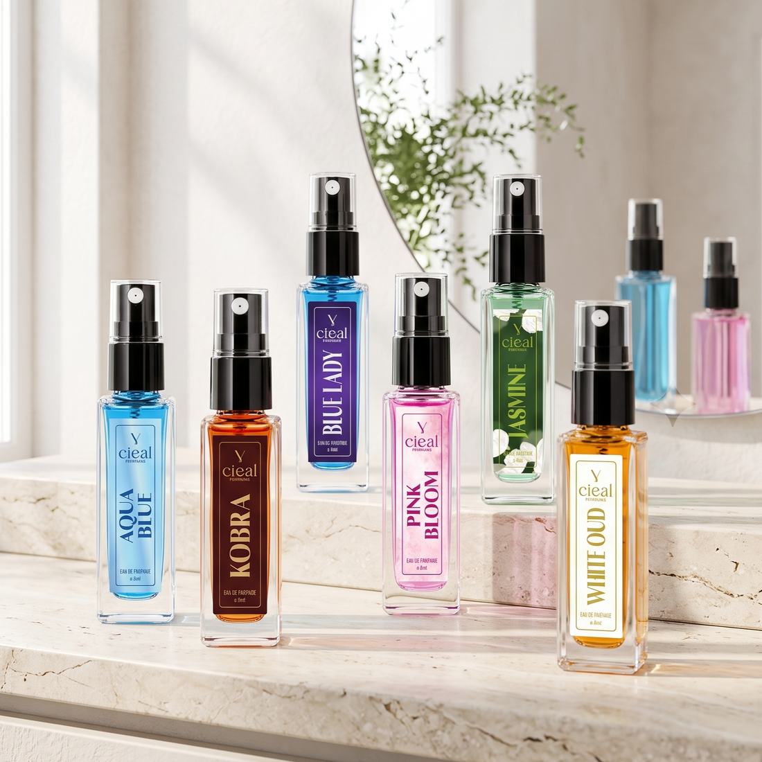 CIEAL Perfume Spray Gift Set of 6 – Aqua Blue, Jasmine, Pink Bloom, Kobra, White Oud & Blue Lady – 8ml Each
