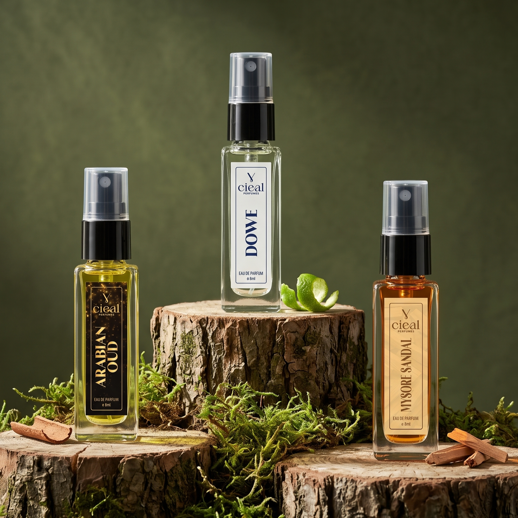 CIEAL Perfume Spray Gift Set of 3 – Arabian Oud, Mysore Sandal & Dowe – 8 ml each
