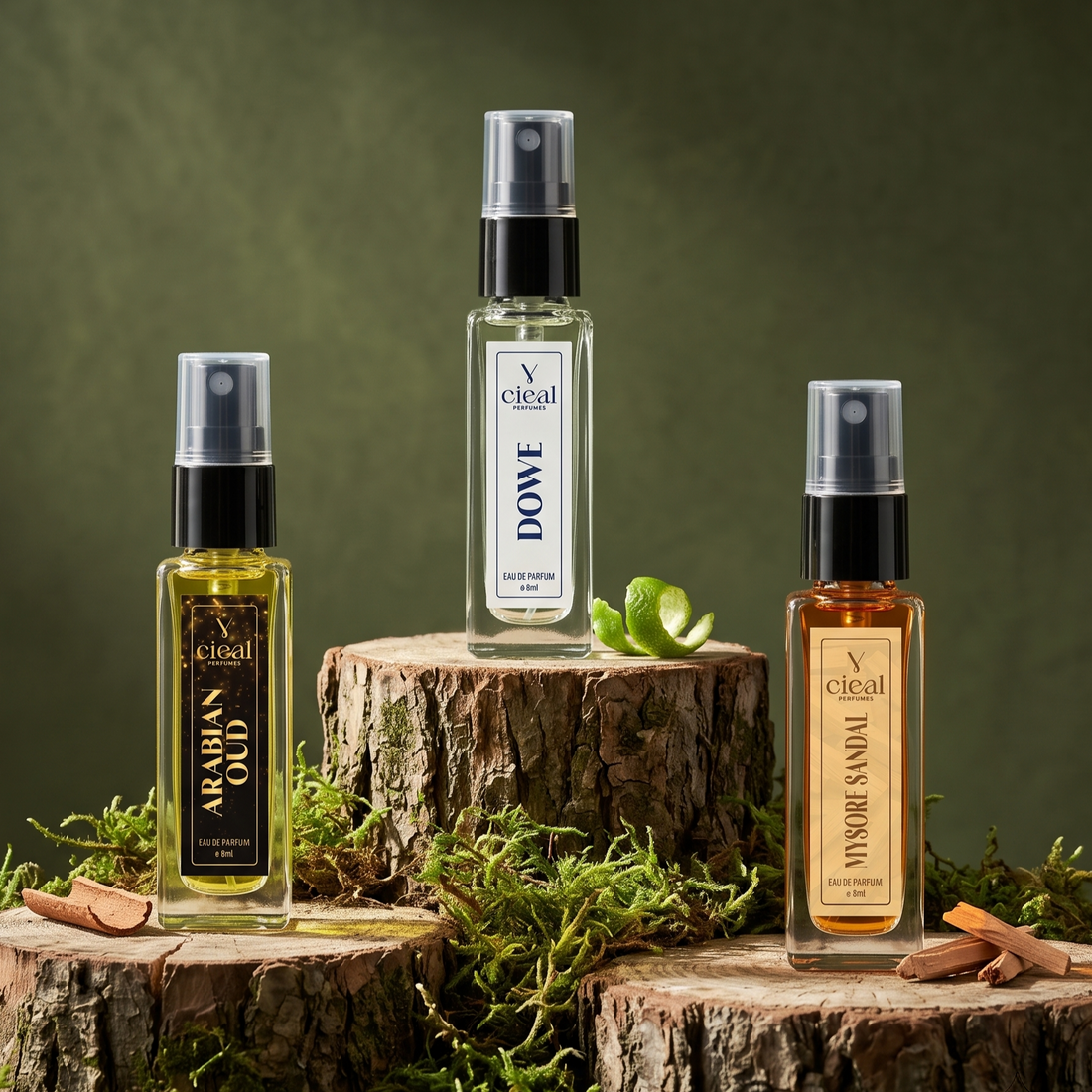 CIEAL Perfume Spray Gift Set of 3 – Arabian Oud, Mysore Sandal & Dowe – 8 ml each
