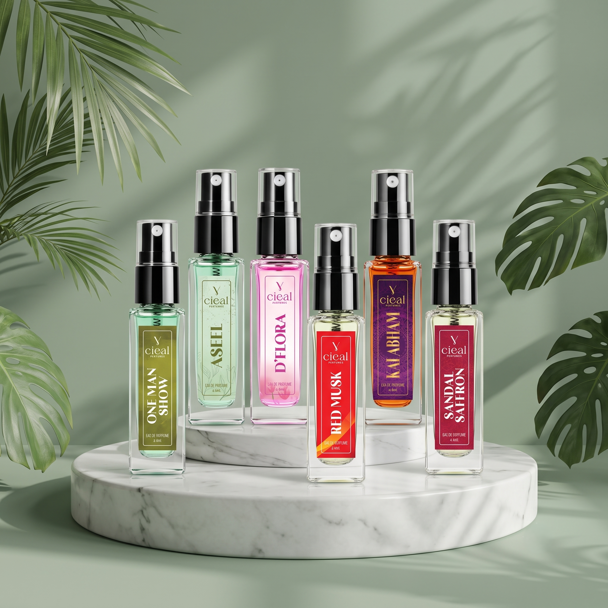 CIEAL Perfume Spray Gift Set of 6 – Master Collection – Sandal Saffron, Red Musk, Aseel, Kalabham, D' Flora & One Man Show – 8 ml each