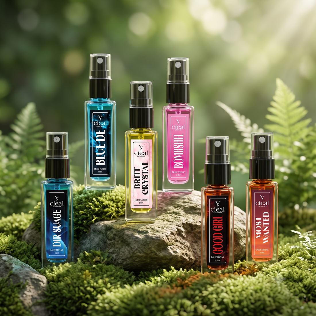 CIEAL Perfume Spray Gift Set of 6 – DIR SUAGE, BRITE CRYSTAL, MOST WANTED, BOMBSHEL, BLUE DE & GOOD GIRL – 8 ml each