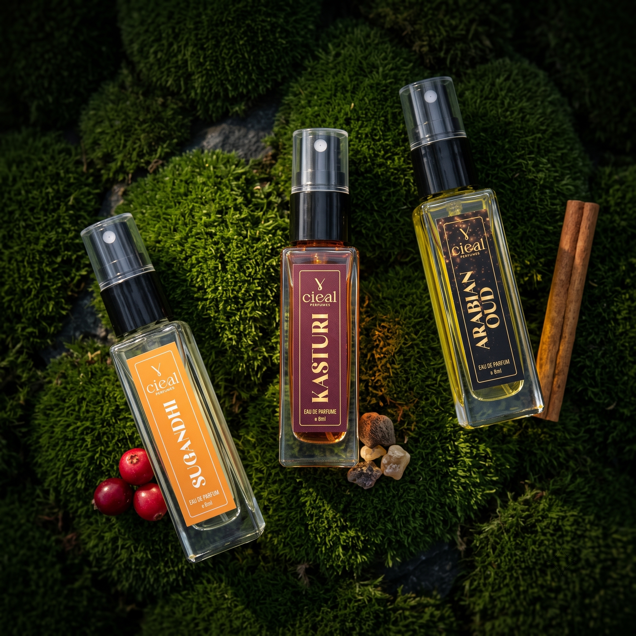 CIEAL Perfume Spray Gift Set of 3 – Kasturi, Arabian Oud & Sugandi – 8 ml each