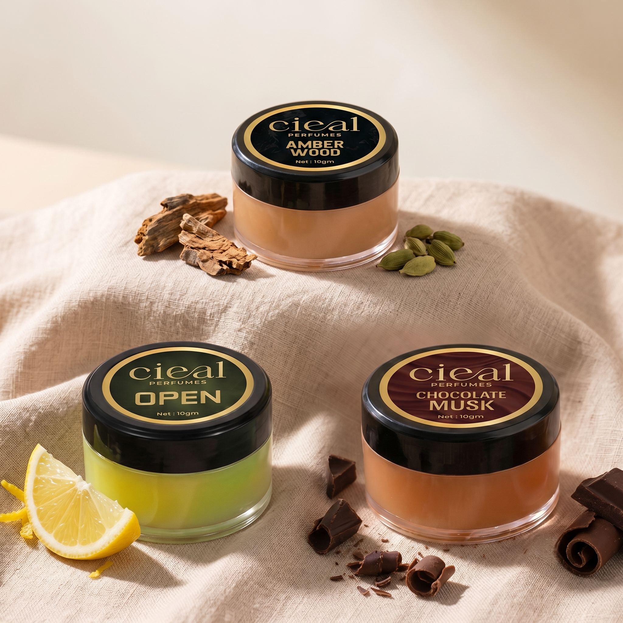CIEAL Solid Perfume Set of 3 – Amber Wood, Chocolate Musk & Open | 10g Each