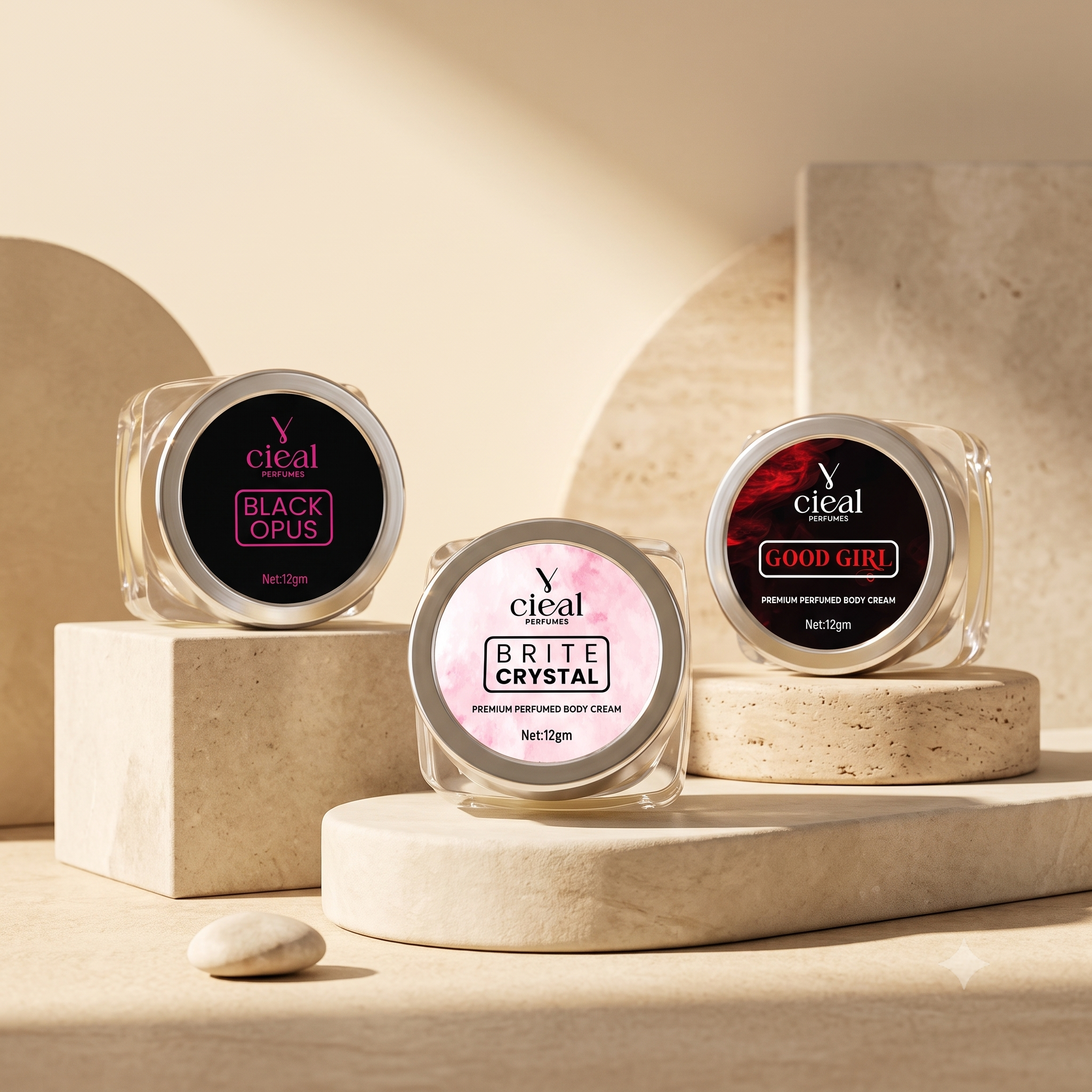 CIEAL PREMIUM SOLID PERFUME SET OF 3 – BRITE CRYSTAL | BLACK OPUS | GOOD GIRL (WOMEN)