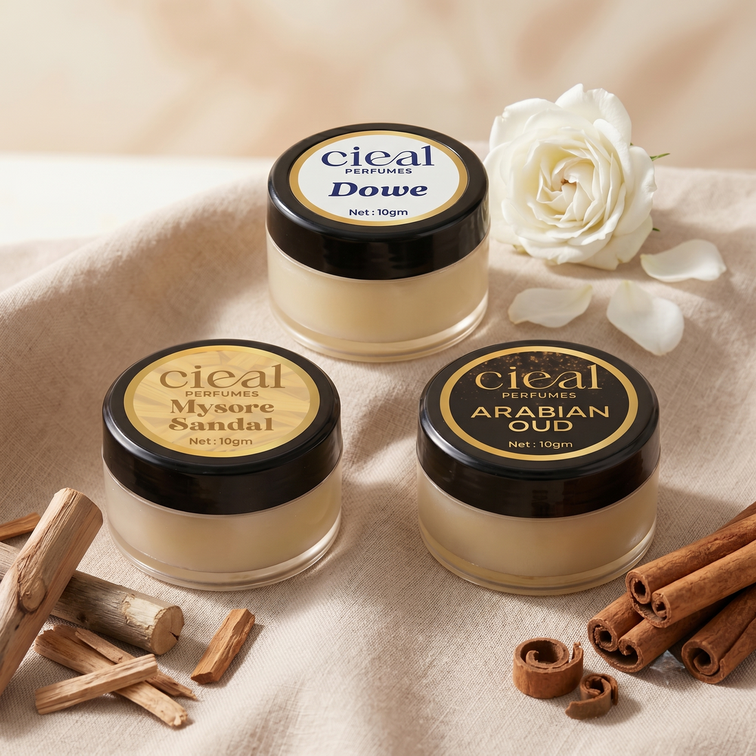 CIEAL Solid Perfume Set of 3 – Arabian Oud, Mysore Sandal &amp; Dowe | 10g Each