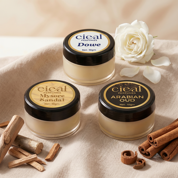 CIEAL Solid Perfume Set of 3 – Arabian Oud, Mysore Sandal & Dowe | 10g Each