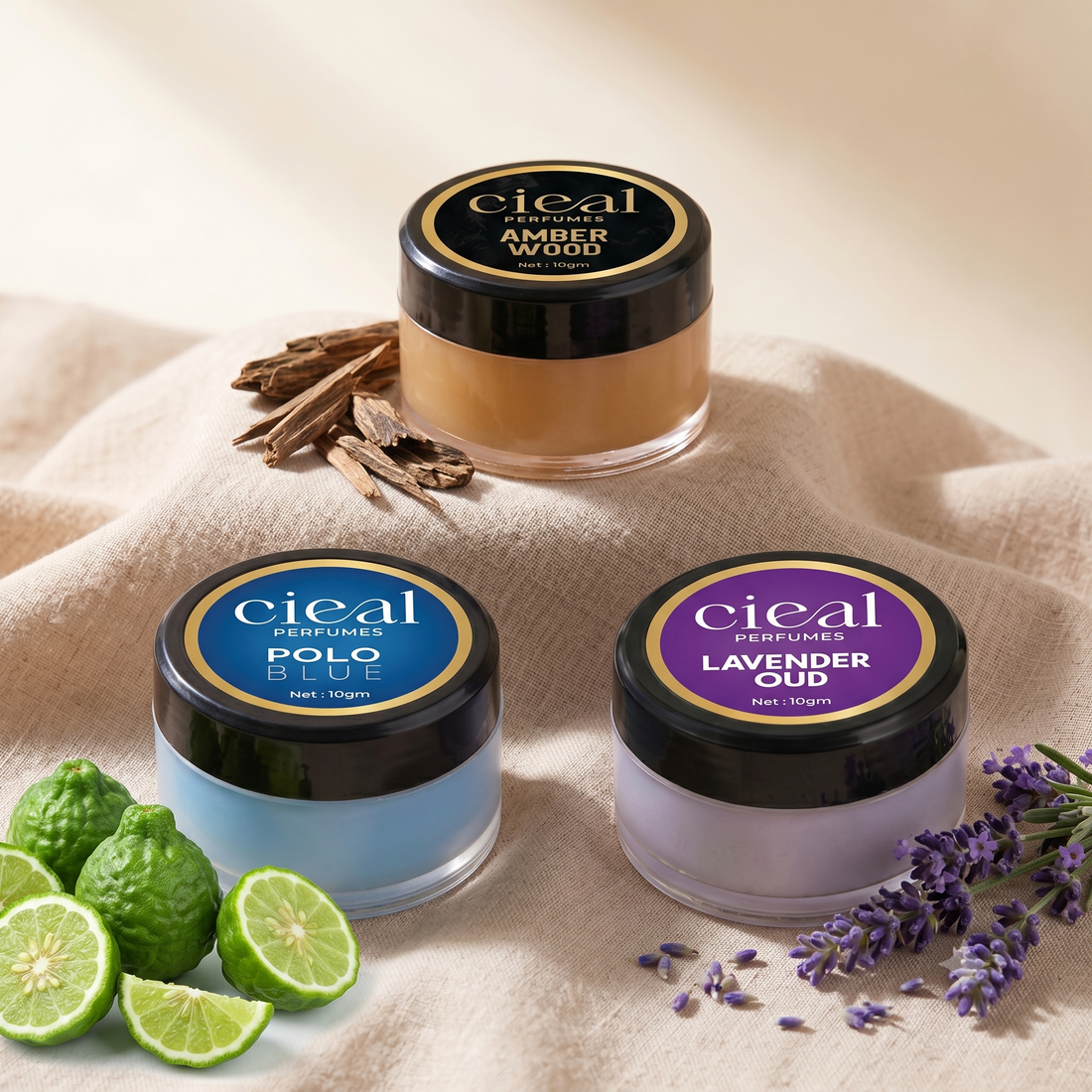 CIEAL Solid Perfume Set of 3 – Amber Wood, Lavender Oud & Polo Blue | 10g Each