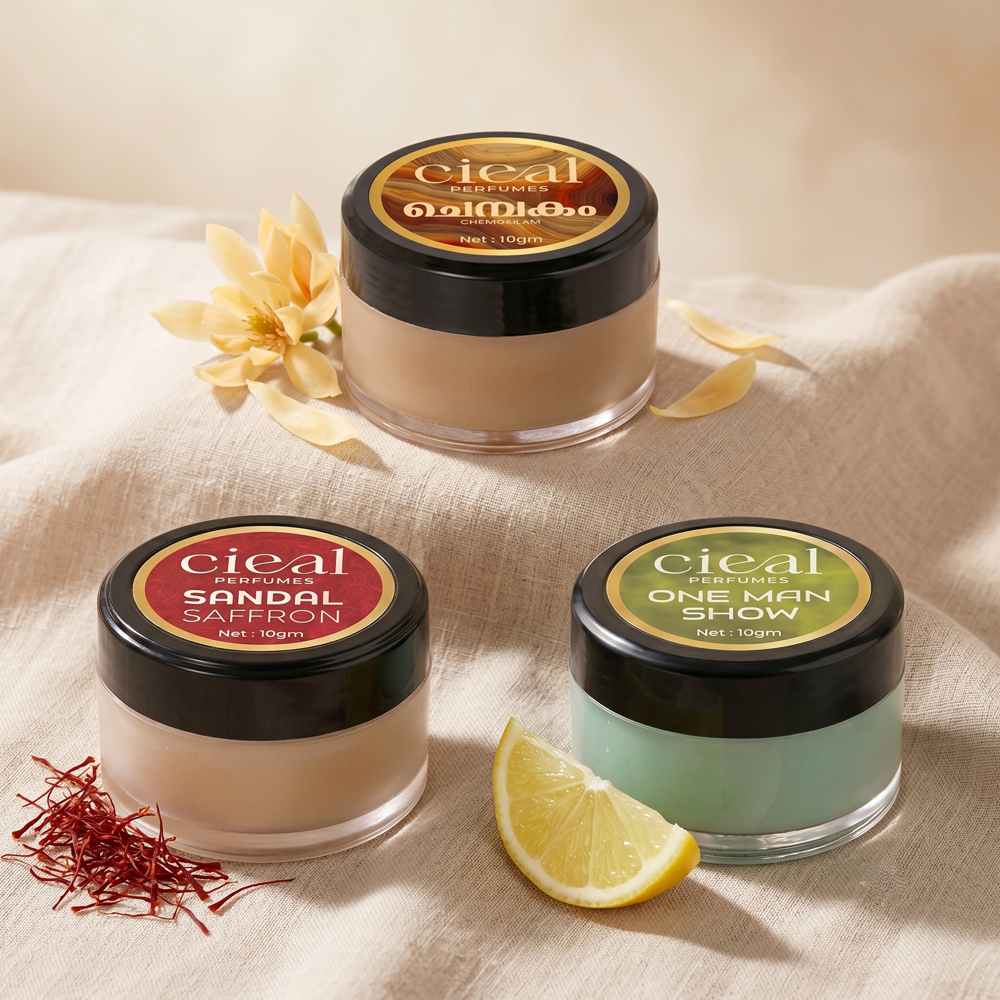 CIEAL Solid Perfume Set of 3 – Chembakam, One Man Show &amp; Sandal Saffron | 10g Each