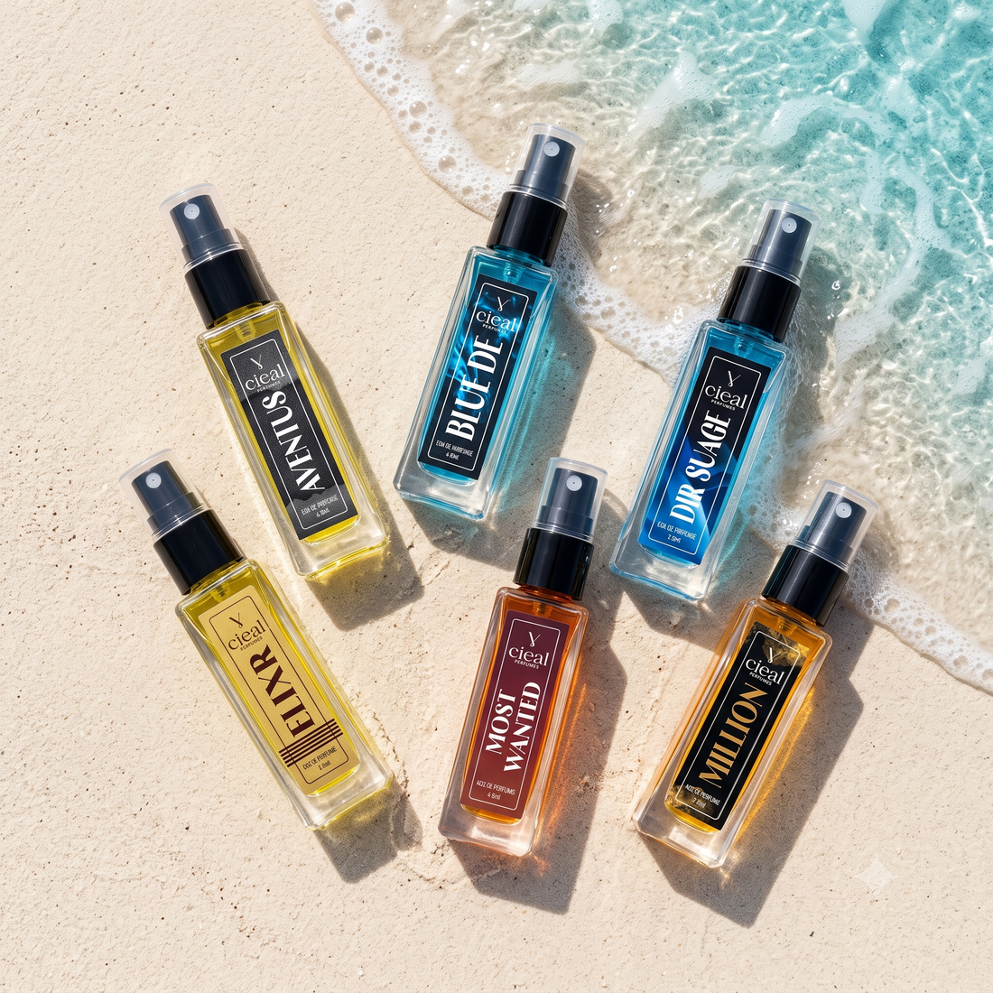 CIEAL Perfume Spray Gift Set of 6 – ELIXIR, AVENTUS, MILLION, DIR SUAGE, MOST WANTED & BLUE DE – 8 ml each