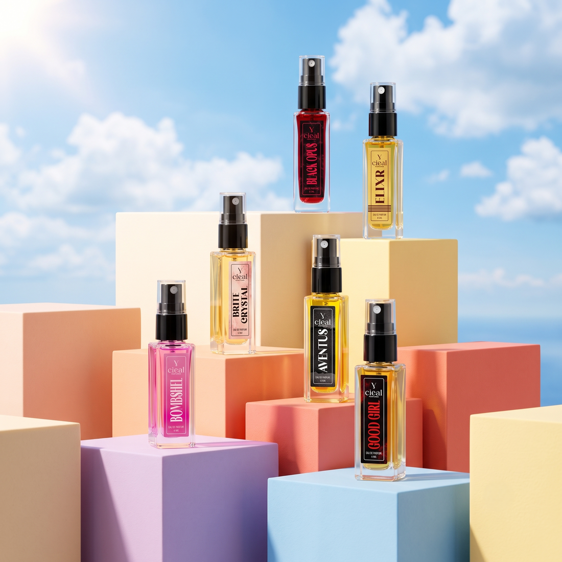 CIEAL Perfume Spray Gift Set of 6 – ELIXIR, BRITE CRYSTAL, AVENTUS, GOOD GIRL, BLACK OPUS & BOMBSHEL – 8ml Each