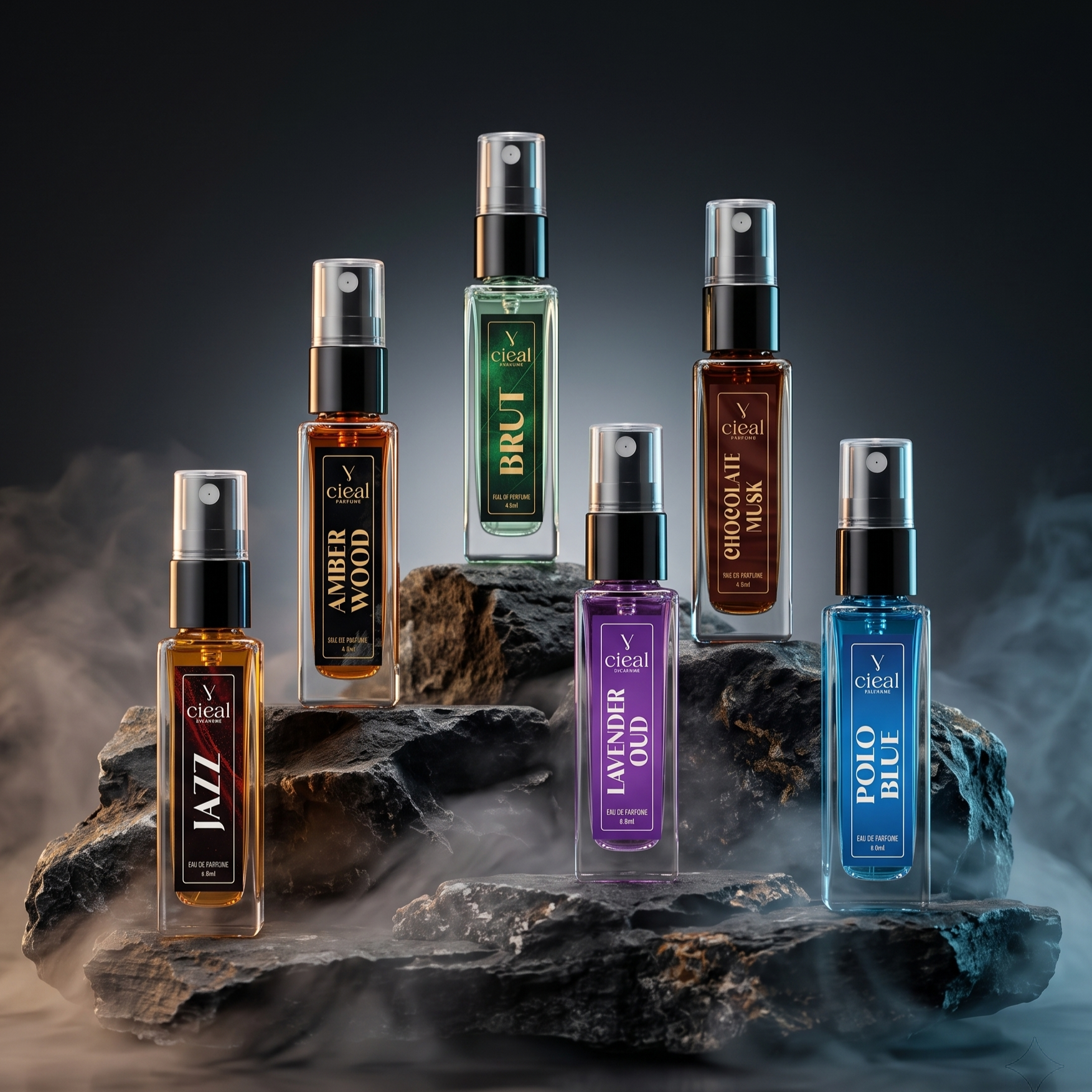 CIEAL Perfume Spray Gift Set of 6 – Polo Blue, Amber Wood, Jazz, Lavender Oud, Chocolate Musk & Brut – 8ml Each