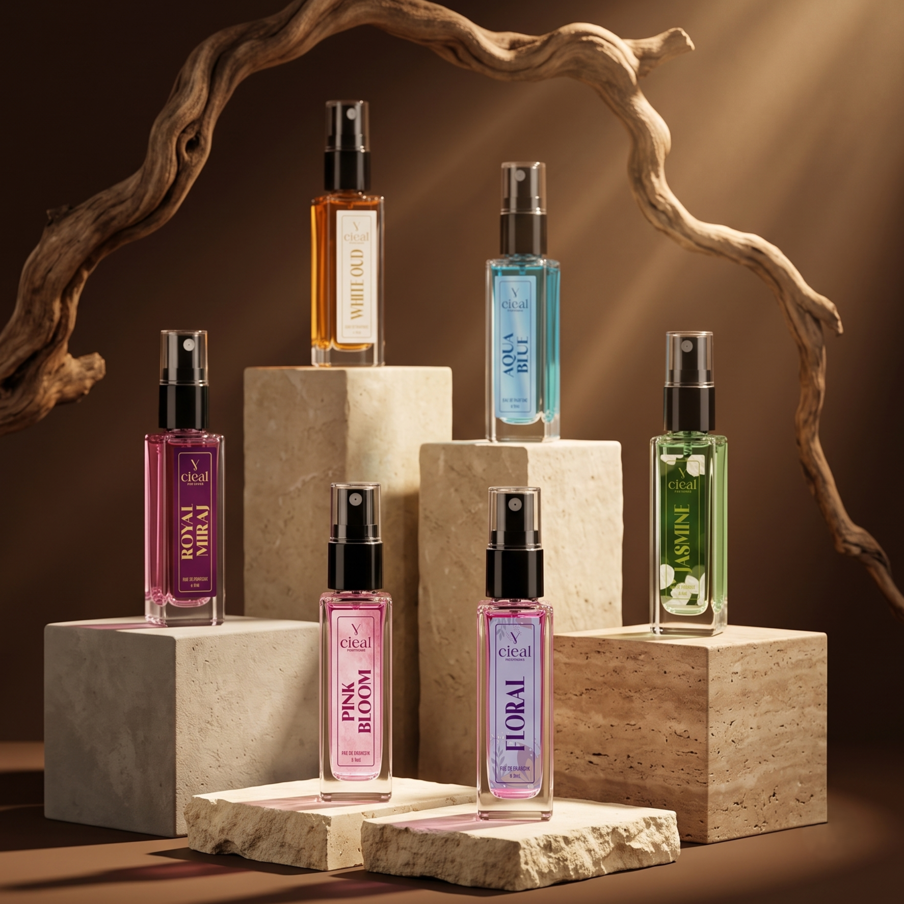 CIEAL Perfume Spray Gift Set of 6 – Aqua Blue, Pink Bloom, Royal Miraj, Floral, White Oud & Jasmine – 8ml Each