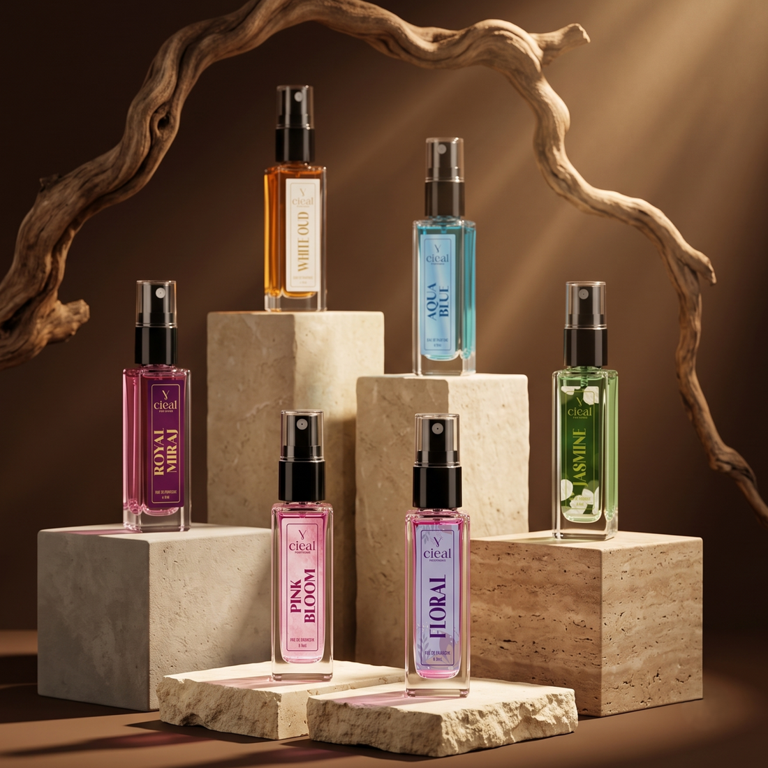 CIEAL Perfume Spray Gift Set of 6 – Aqua Blue, Pink Bloom, Royal Miraj, Floral, White Oud & Jasmine – 8ml Each