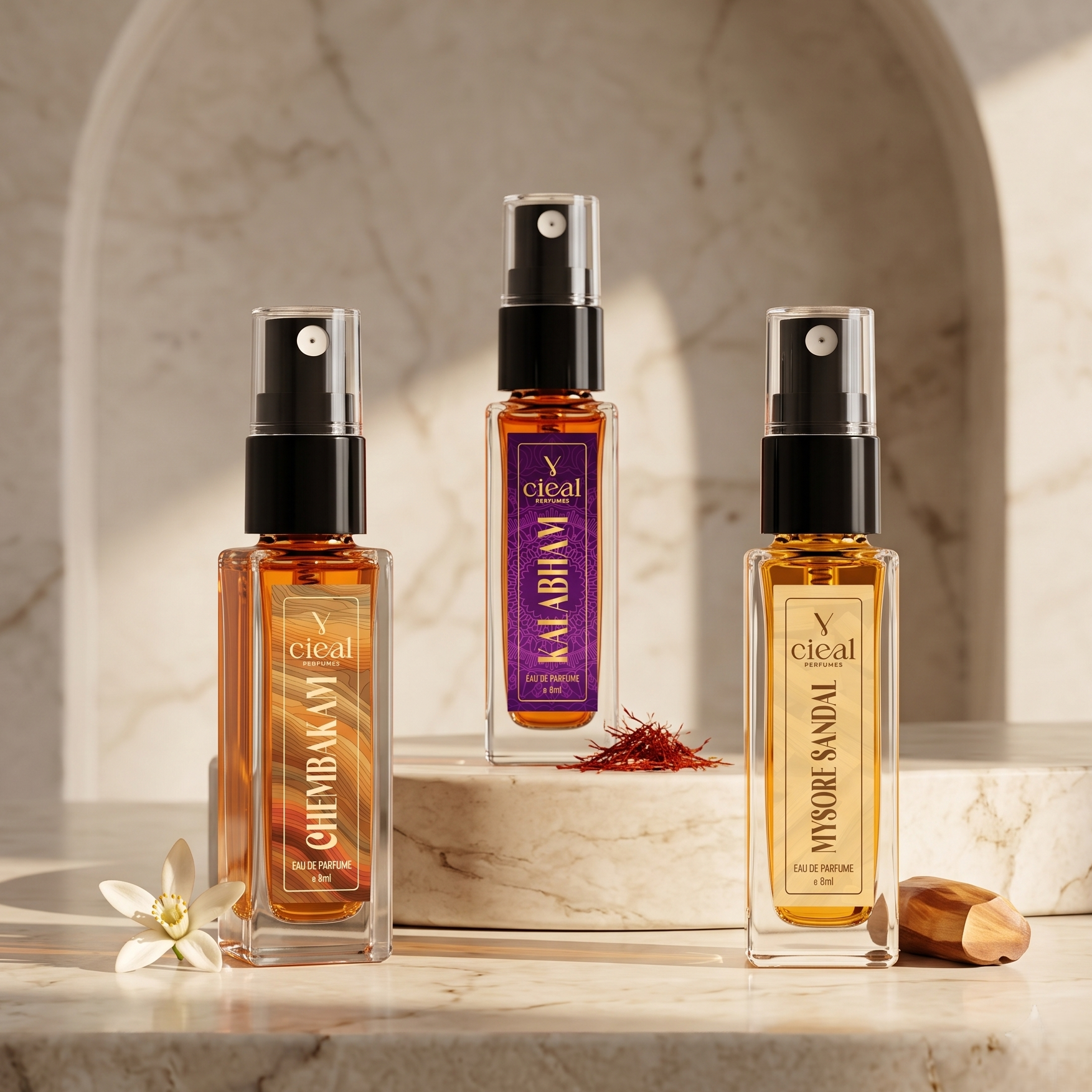 CIEAL Perfume Spray Gift Set of 3 – Chembakam, Kalabham & Mysore Sandal – 8ml Each