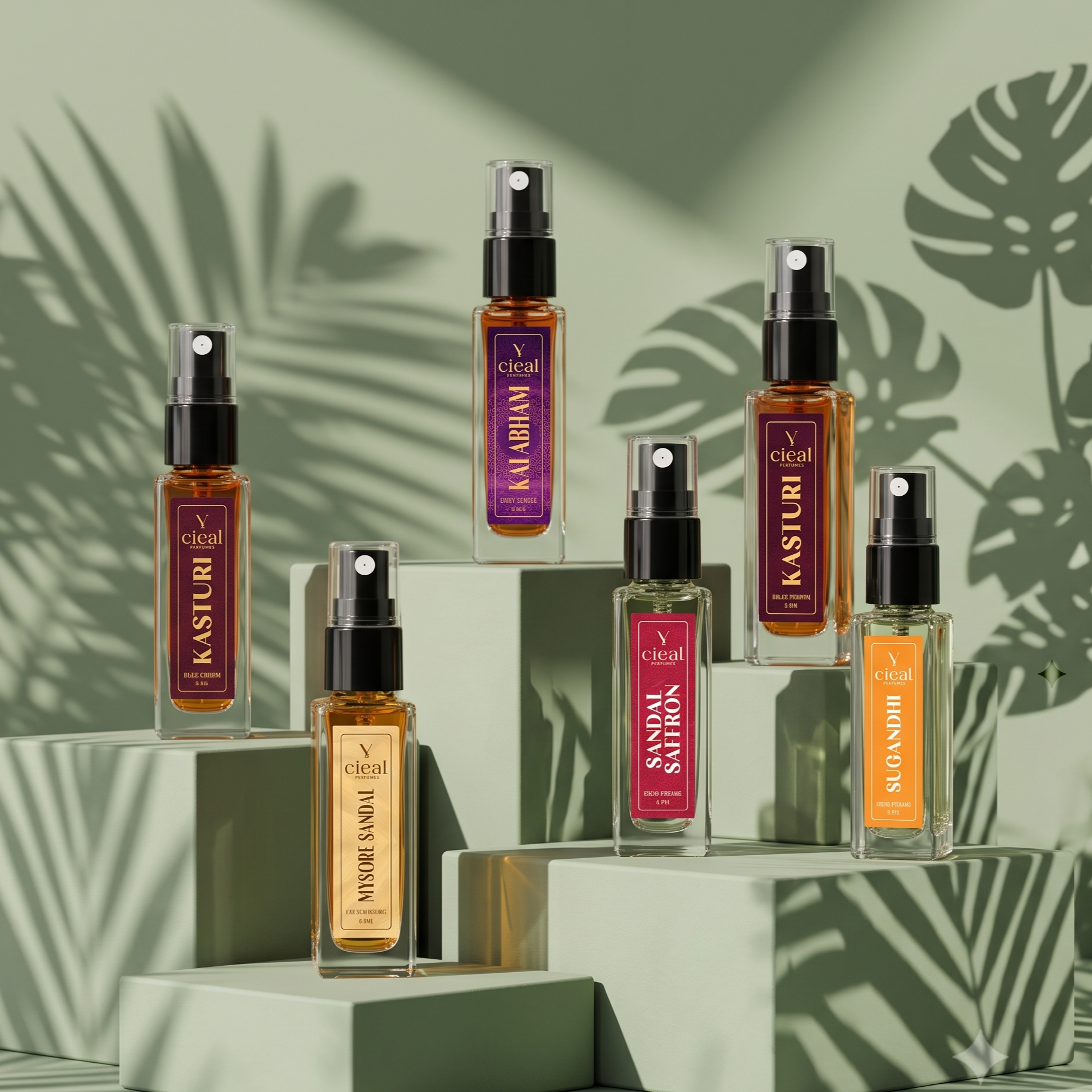 CIEAL Perfume Spray Gift Set of 6 – Chembakam, Mysore Sandal, Sandal Saffron, Sugandhi, Kalabham & Kasturi – 8 ml Each