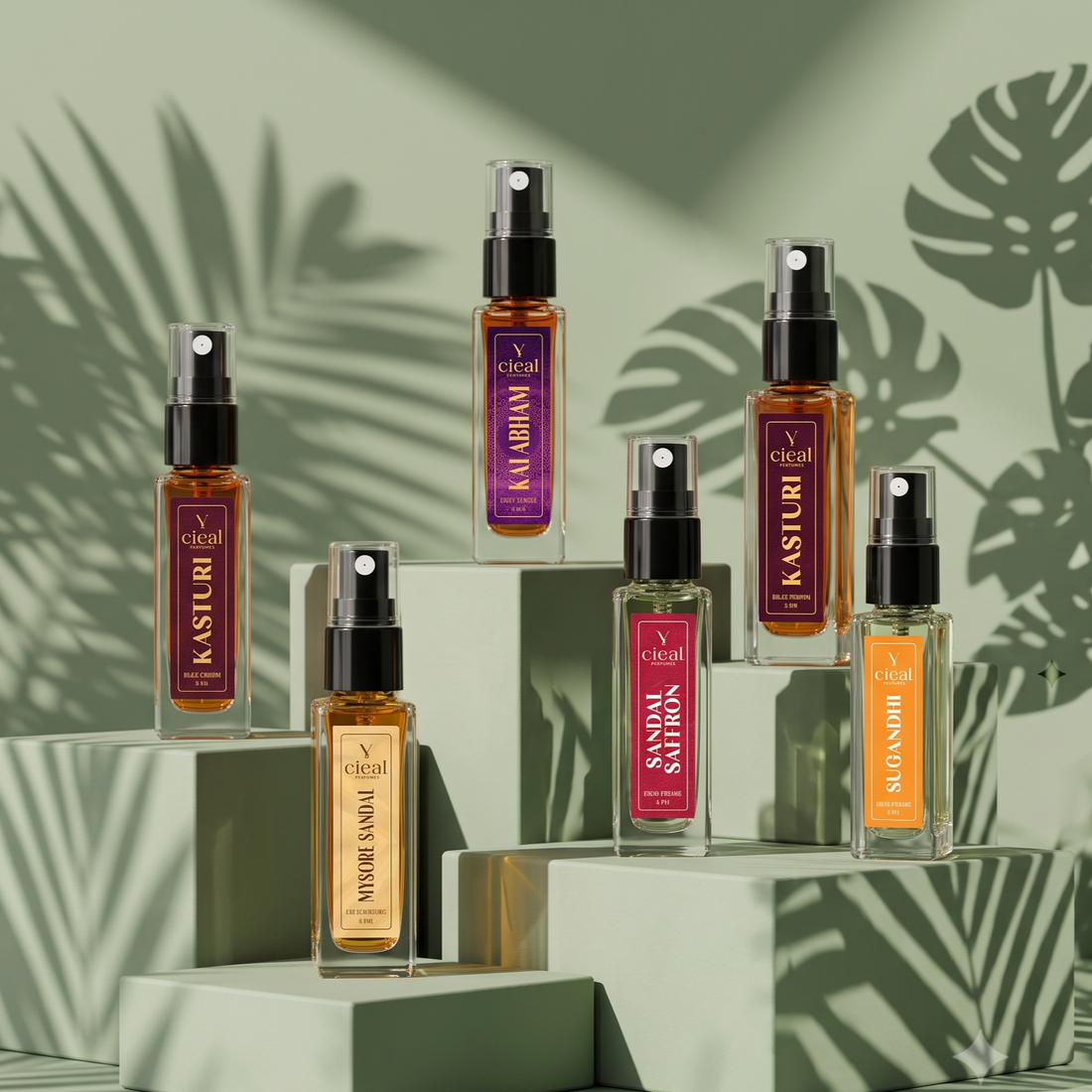 CIEAL Perfume Spray Gift Set of 6 – Chembakam, Mysore Sandal, Sandal Saffron, Sugandhi, Kalabham & Kasturi – 8 ml Each