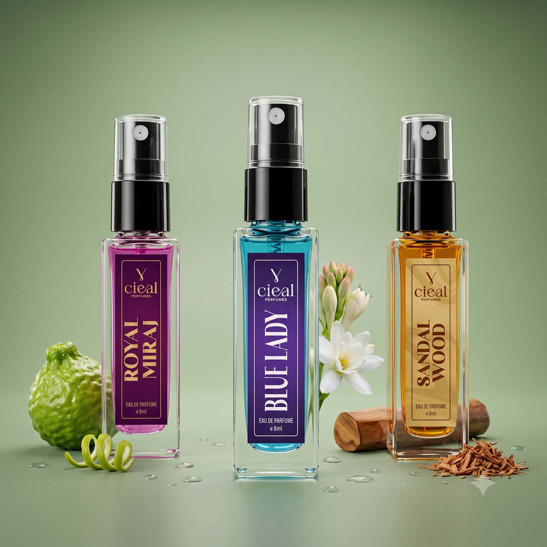 CIEAL Perfume Spray Gift Set of 3 – Blue Lady, Royal Miraj & Sandalwood – 8ml Each