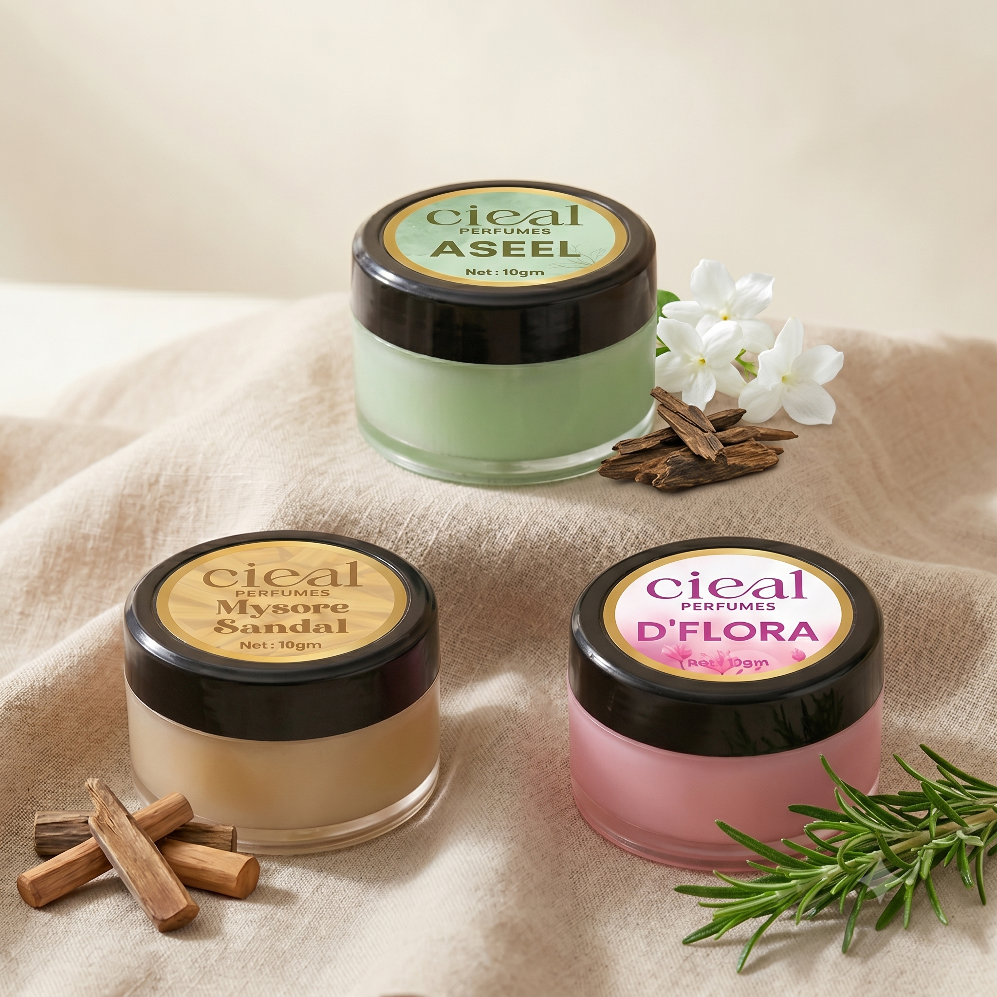 CIEAL Solid Perfume Set of 3 – Aseel, Mysore Sandal &amp; D Flora | 10g Each