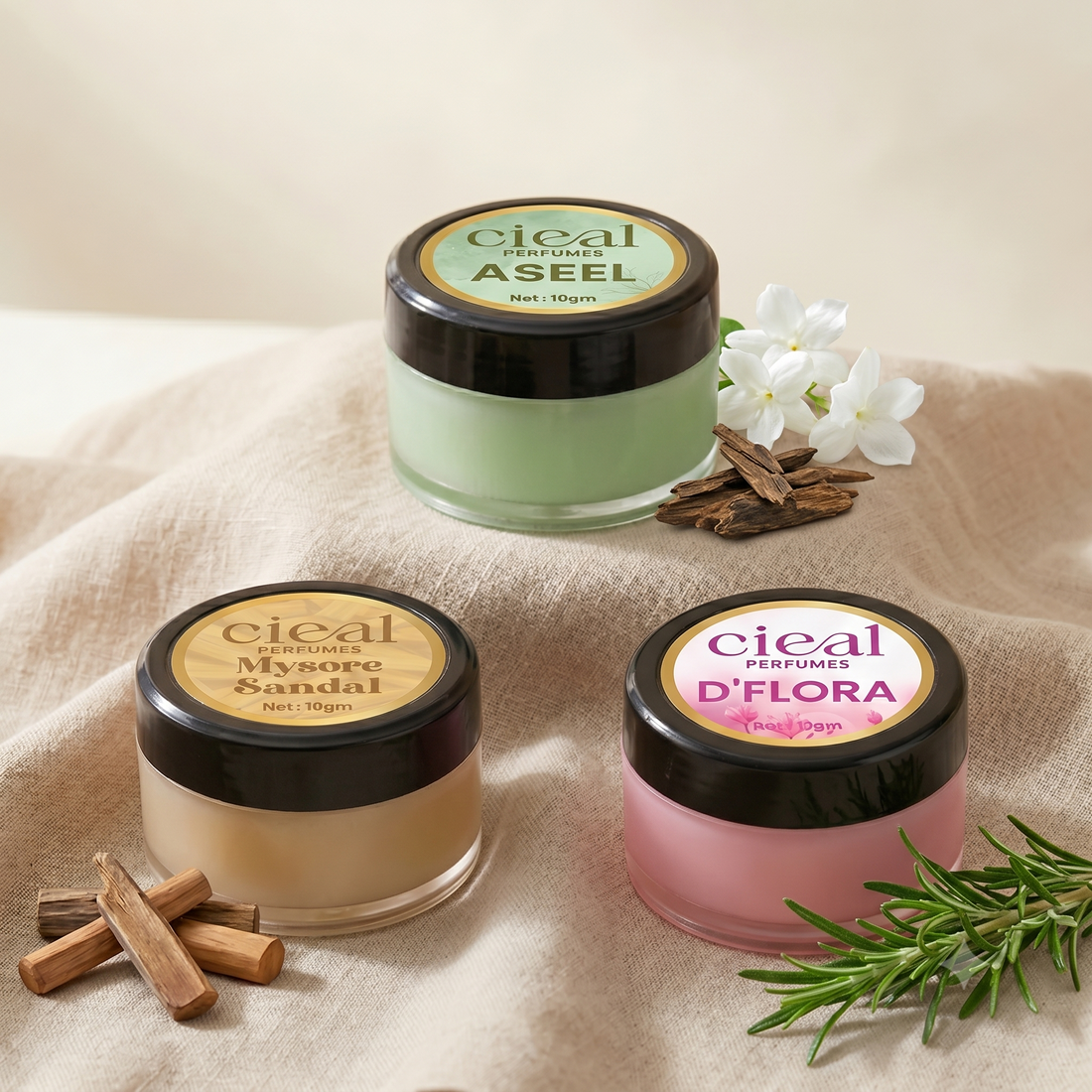 CIEAL Solid Perfume Set of 3 – Aseel, Mysore Sandal &amp; D Flora | 10g Each
