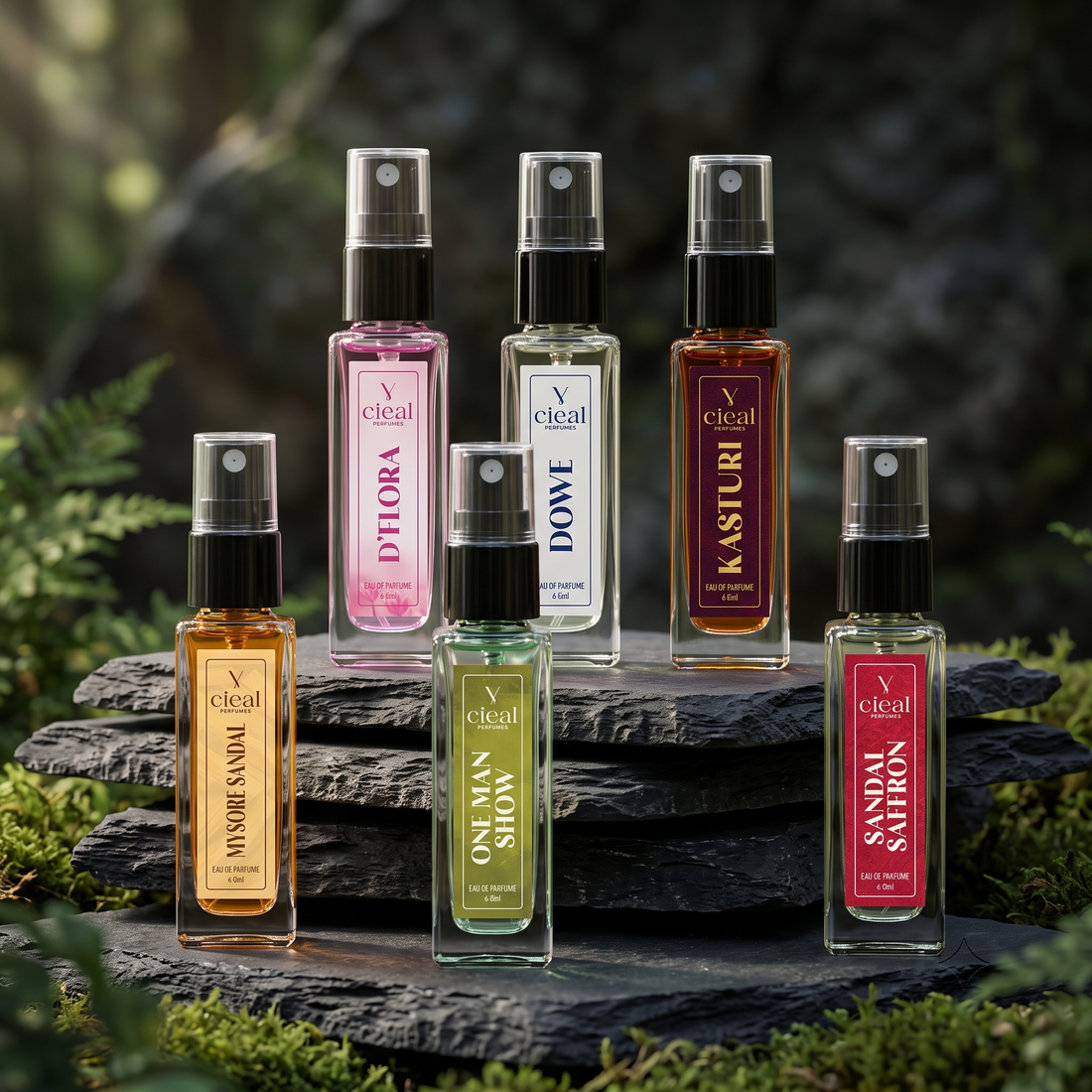 CIEAL Perfume Spray Gift Set of 6 – Signature Collection – Sandal Saffron, Kasturi, Dowe, D' Flora, One Man Show & Mysore Sandal – 8 ml each