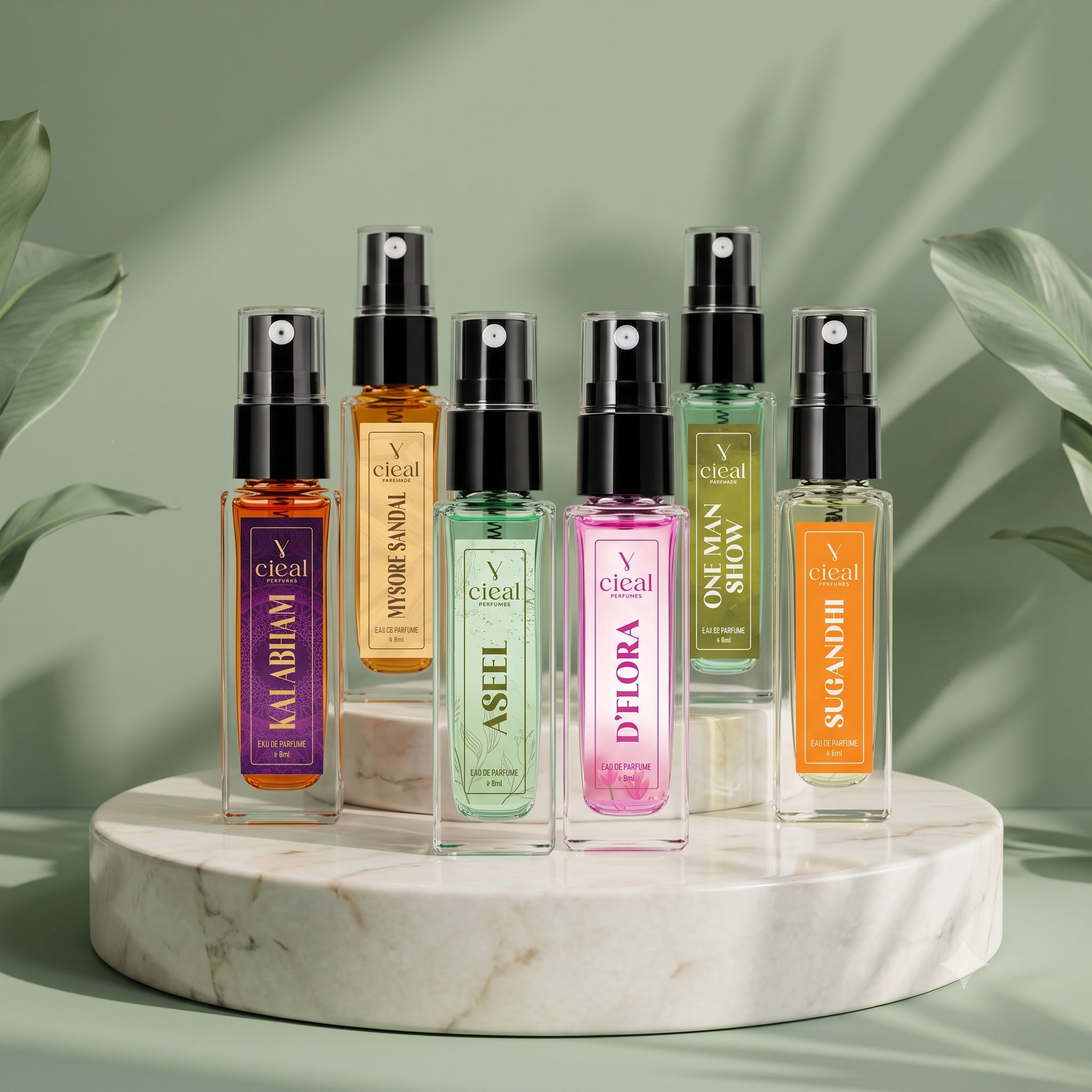 CIEAL Perfume Spray Gift Set of 6 – Master Collection – Mysore Sandal, Aseel, D' Flora, Kalabham, One Man Show & Sugandhi – 8ml Each