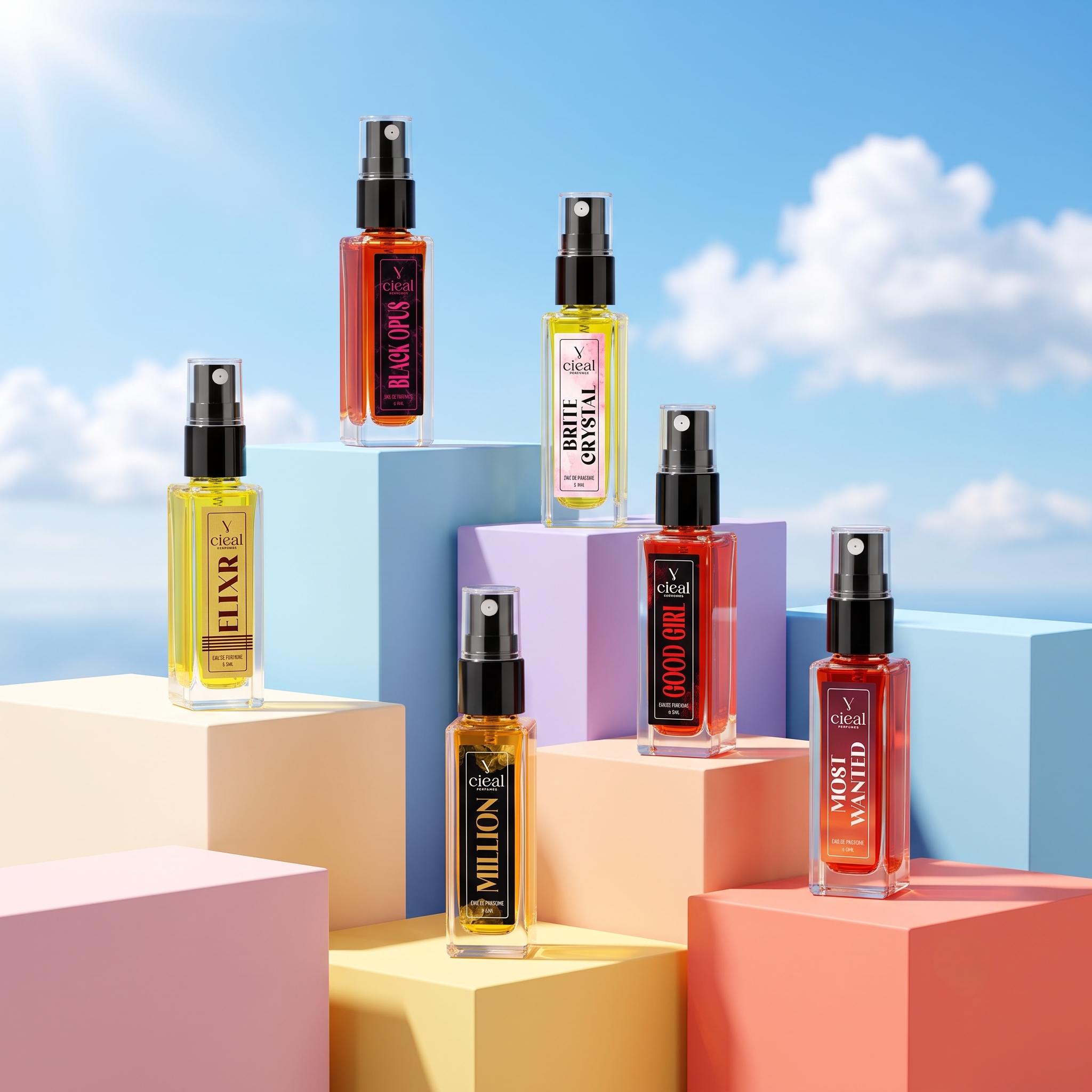 CIEAL Perfume Spray Gift Set of 6 – ELIXIR, MOST WANTED, BLACK OPUS, BRITE CRYSTAL, MILLION & GOOD GIRL – 8ml Each