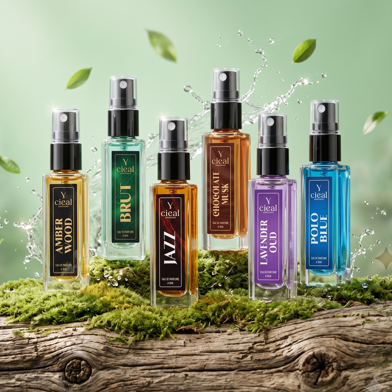 CIEAL Perfume Spray Gift Set of 6 – Amber Wood, Lavender Oud, Brut, Jazz, Chocolate Musk & Polo Blue – 8ml Each