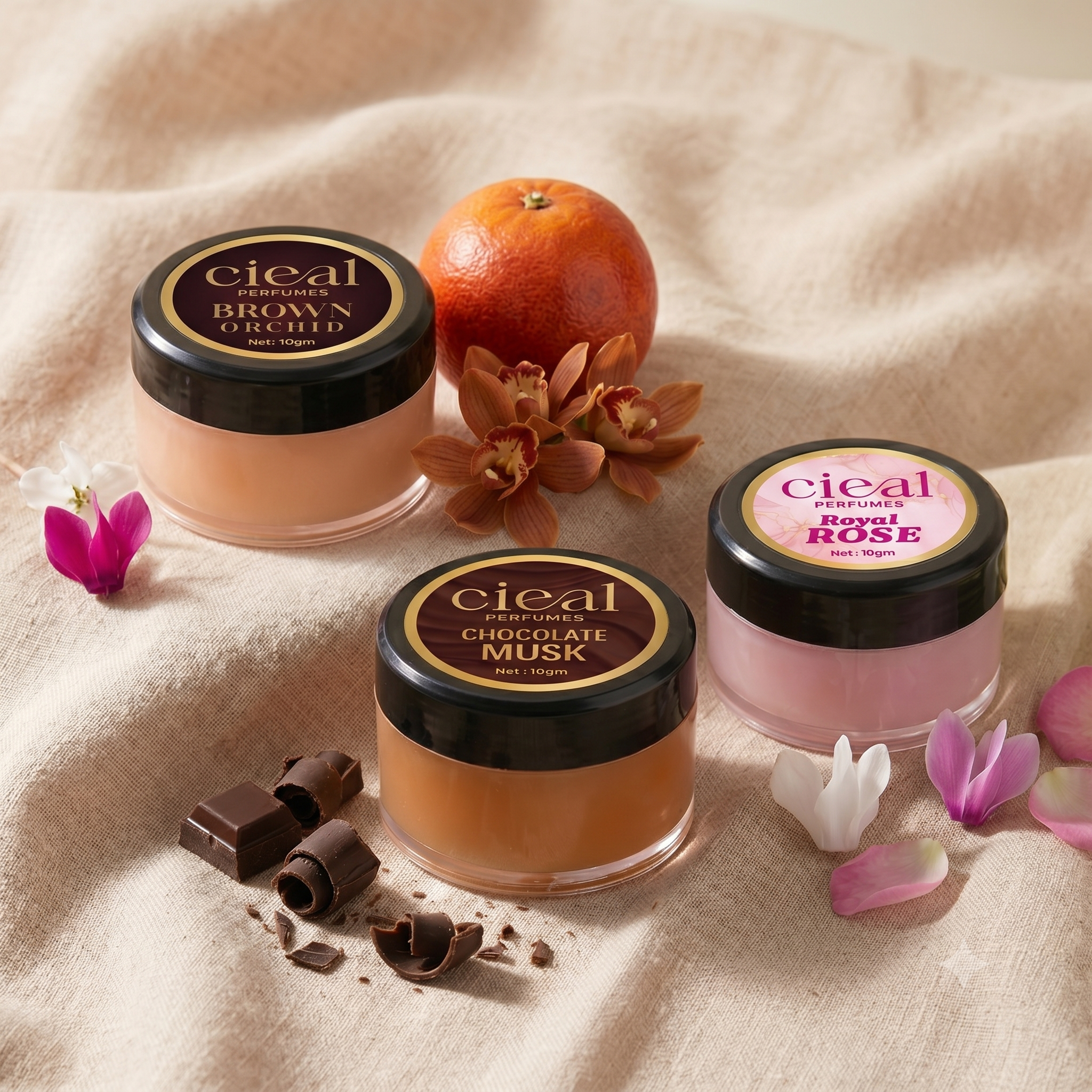 CIEAL Solid Perfume Set of 3 – Brown Orchid, Chocolate Musk & Royal Rose | 10g Each