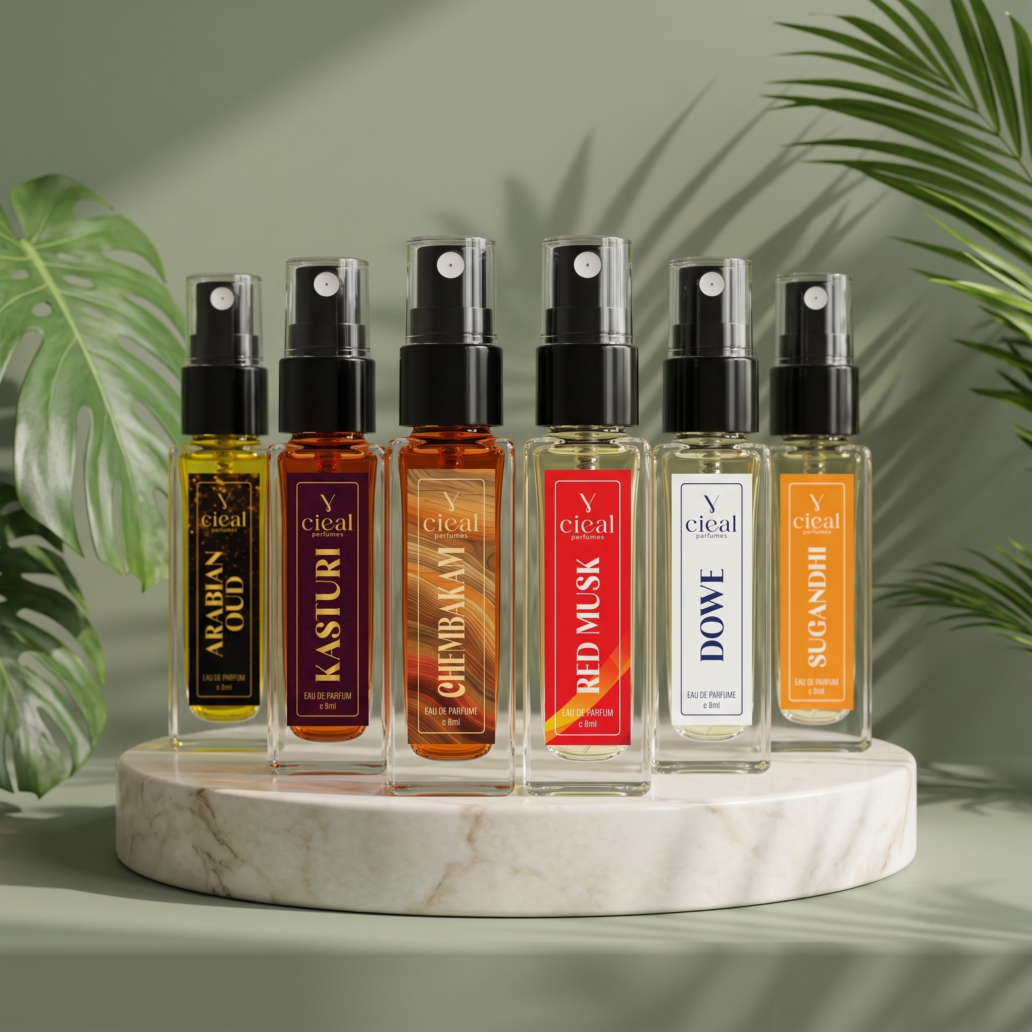 CIEAL Perfume Spray Gift Set of 6 – Master Collection – Chembakam, Sugandhi, Dowe, Arabian Oud, Kasturi & Red Musk – 8 ml each
