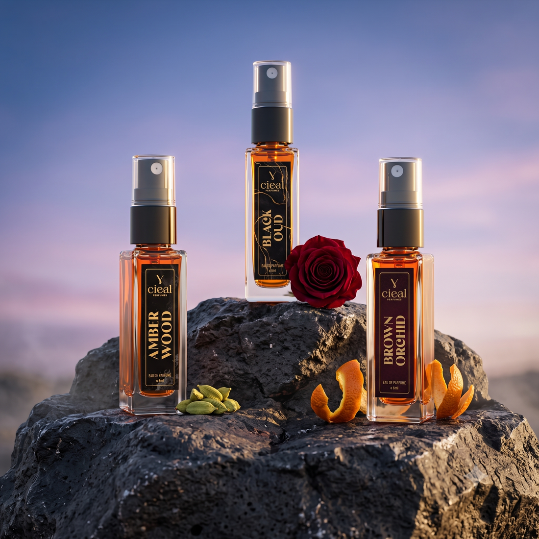 CIEAL Perfume Spray Gift Set of 3 – Amber Wood, Black Oud & Brown Orchid – 8ml Each