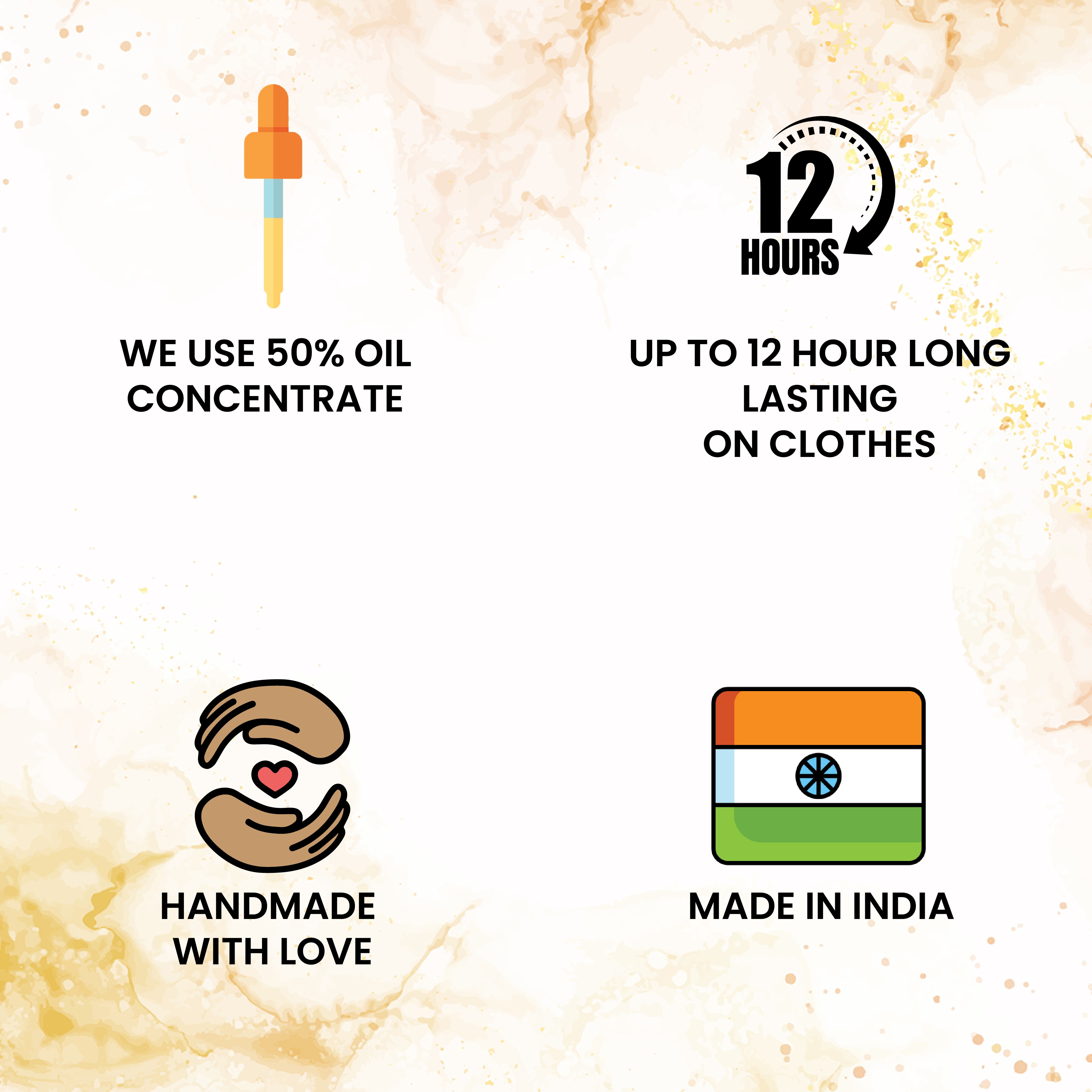 Promotional graphic with four feature icons and text on a light cream background with subtle gold marbling: a dropper icon with 'WE USE 50% OIL CONCENTRATE,' a '12 HOURS' icon with 'UP TO 12 HOUR LONG LASTING ON CLOTHES,' a hand icon with 'HANDMADE WITH LOVE,' and an Indian flag icon with 'MADE IN INDIA.'.