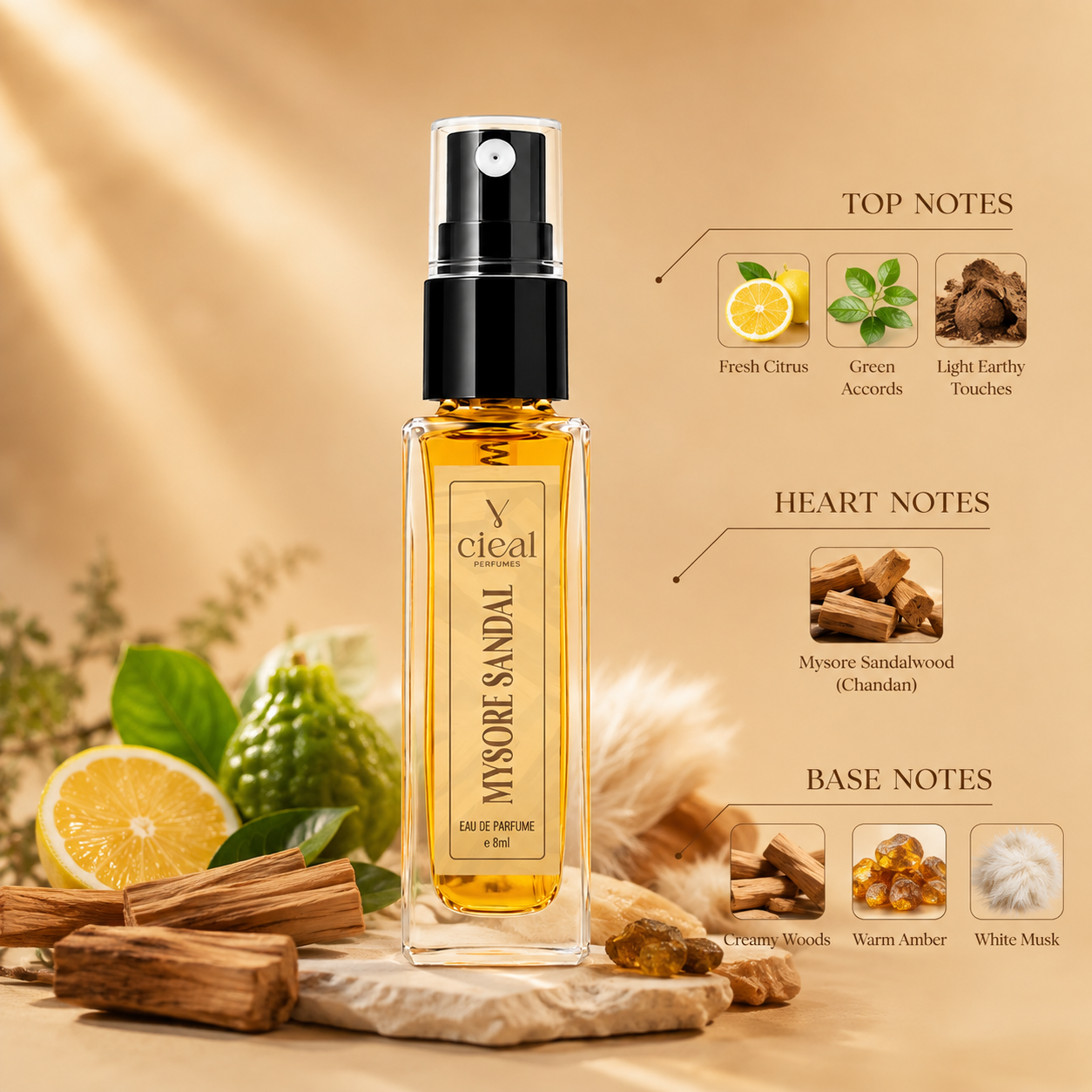 CIEAL Perfume Spray Gift Set of 3 – Kasturi, Mysore Sandal & Sandal Saffron – 8ml Each