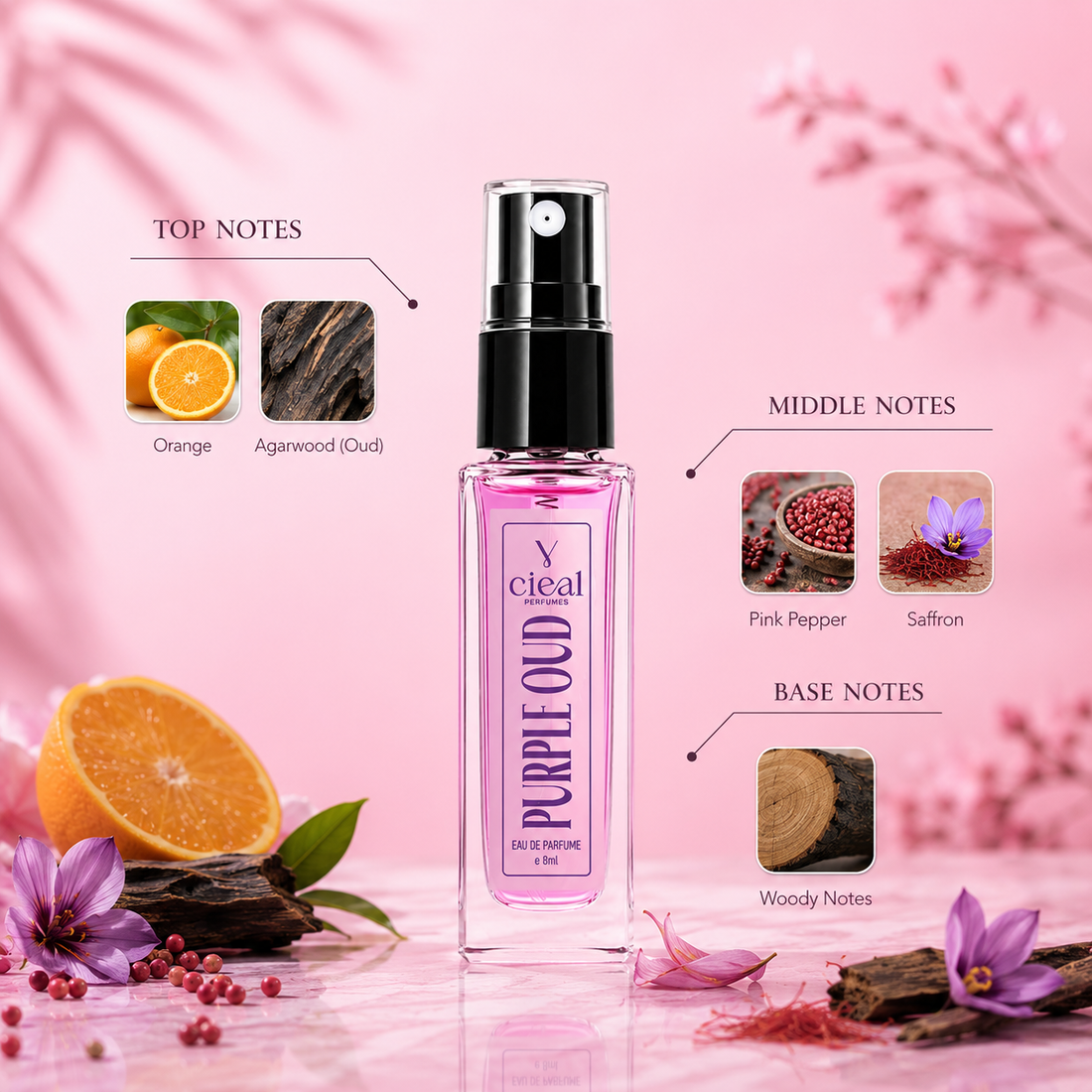 CIEAL Perfume Spray Gift Set of 3 – PURPLE OUD, FLOREL & BOMBSHEL – 8ml Each
