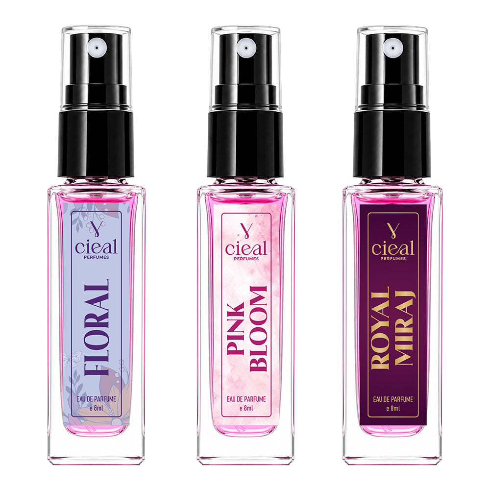CIEAL Perfume Spray Gift Set of 3 – Pink Bloom, Royal Miraj & Floral – 8ml Each