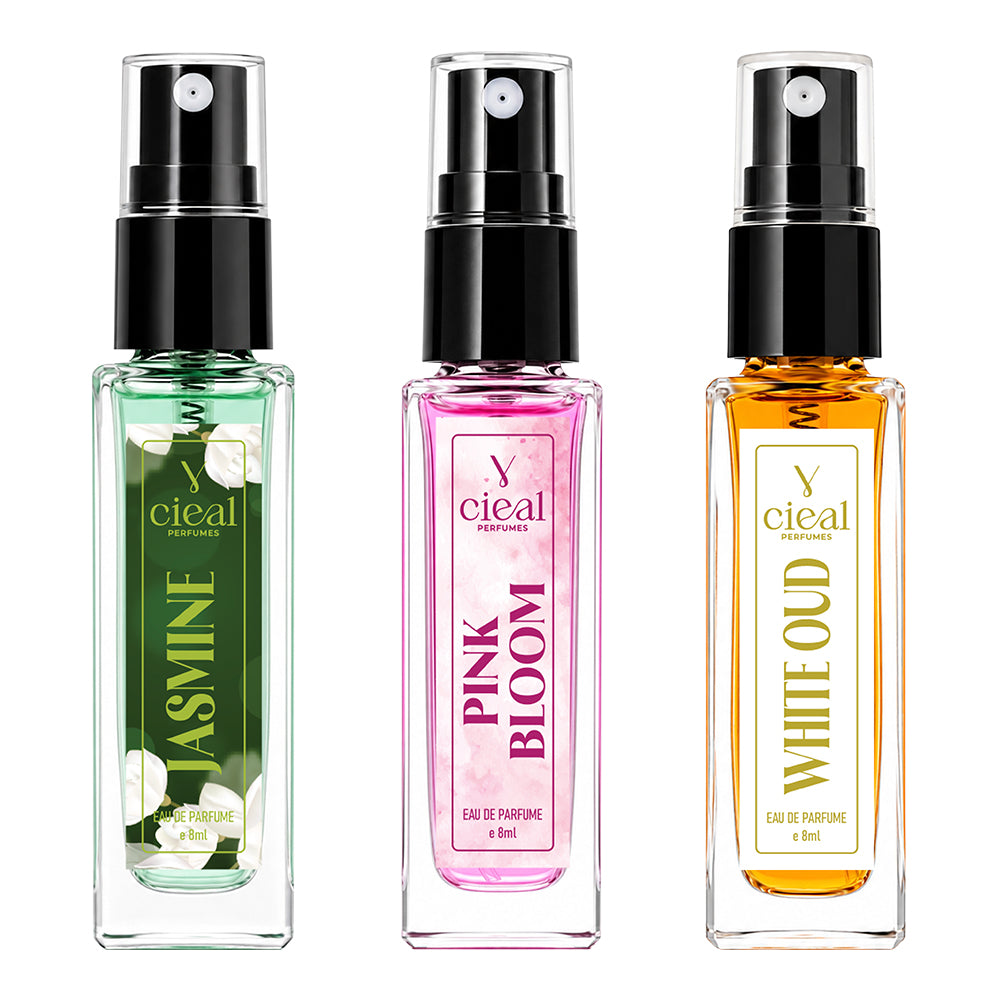 CIEAL Perfume Spray Gift Set of 3 – Pink Bloom, Jasmine &amp; White Oud – 8ml Each