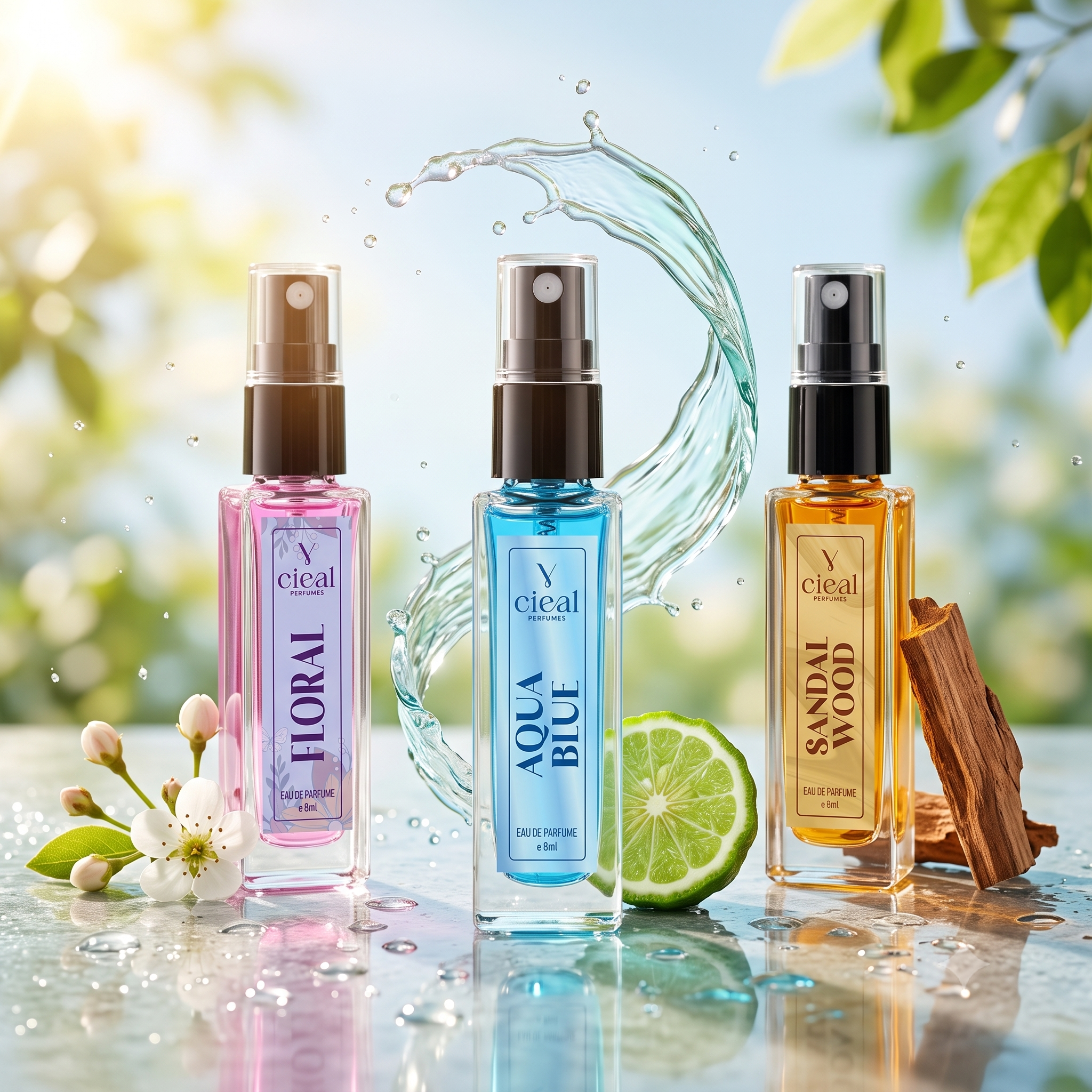 CIEAL Perfume Spray Gift Set of 3 – Aqua Blue, Floral & Sandalwood – 8ml Each