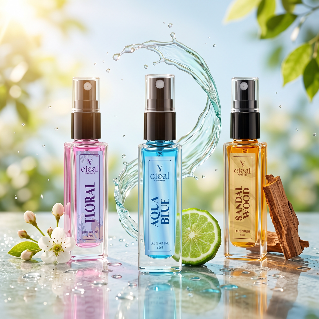 CIEAL Perfume Spray Gift Set of 3 – Aqua Blue, Floral & Sandalwood – 8ml Each