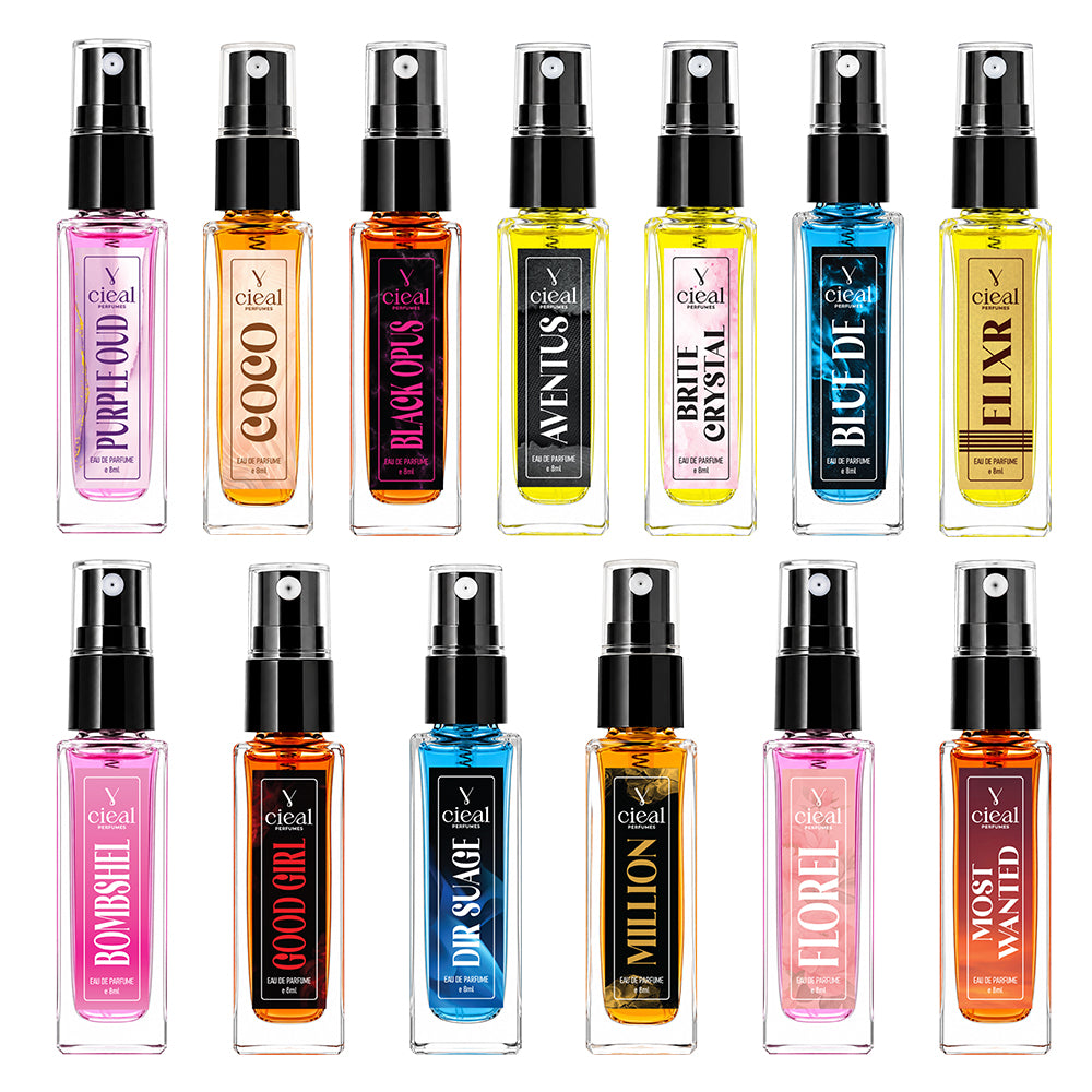 CIEAL Perfume Spray Gift Set of 12 – BRITE CRYSTAL, BOMBSHELL, MILLION, COCO, DIR SUAGE, ELIXIR, FLORAL, GOOD GIRL, MOST WANTED, PURPLE OUD, AVENTUS & BLACK OPUS – 8 ml each