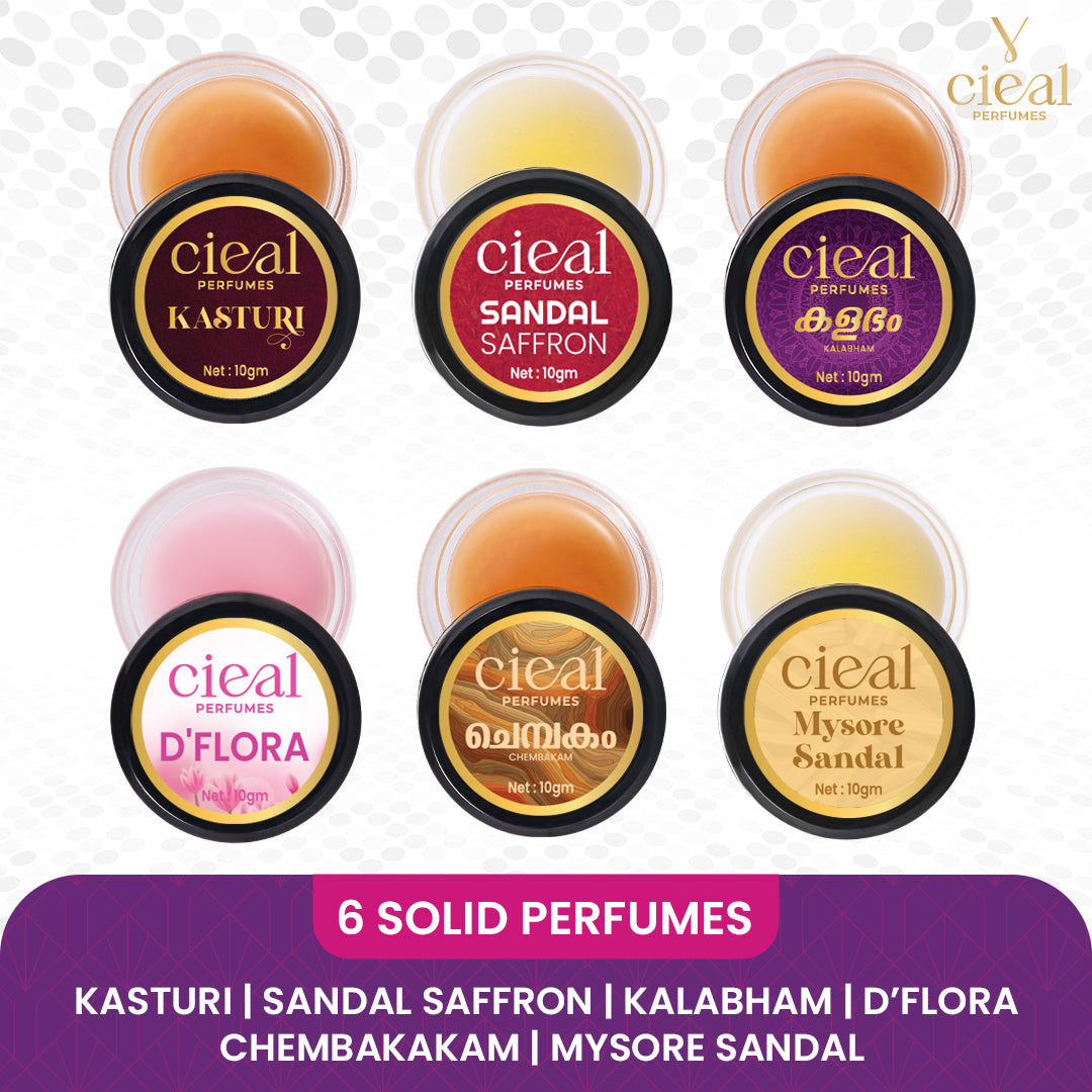 CIEAL SOLID PERFUME SET OF 6 – MASTER COLLECTION | CHEMBAKAM | MYSORE SANDAL | SANDAL SAFFRON | D' FLORA | KALABHAM | KASTURI